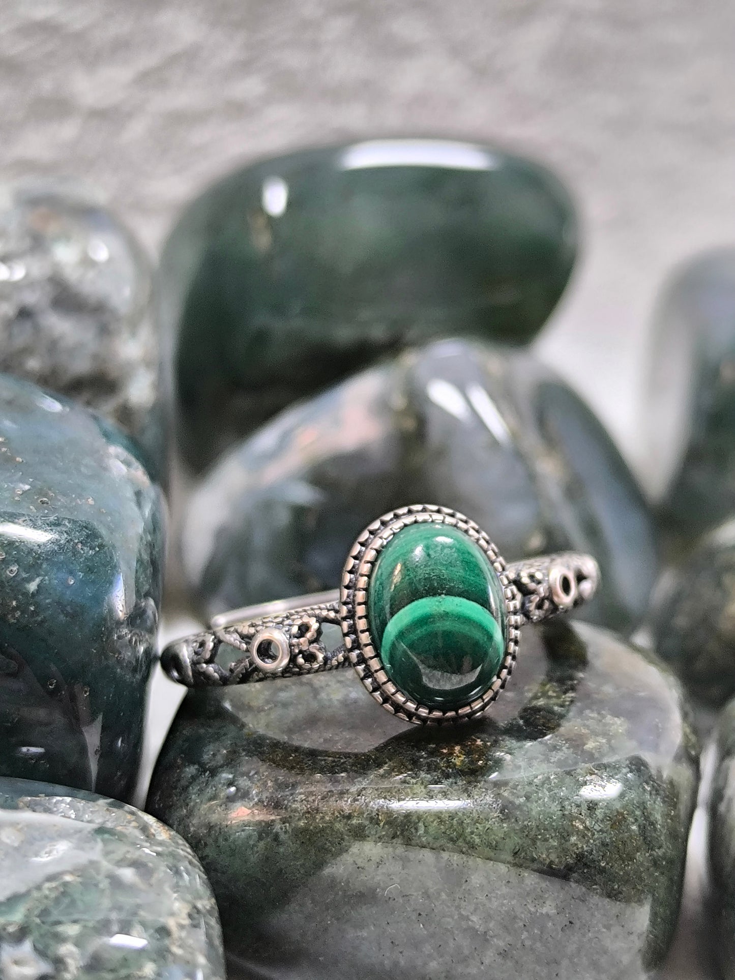 Sterling silver adjustable malachite ring