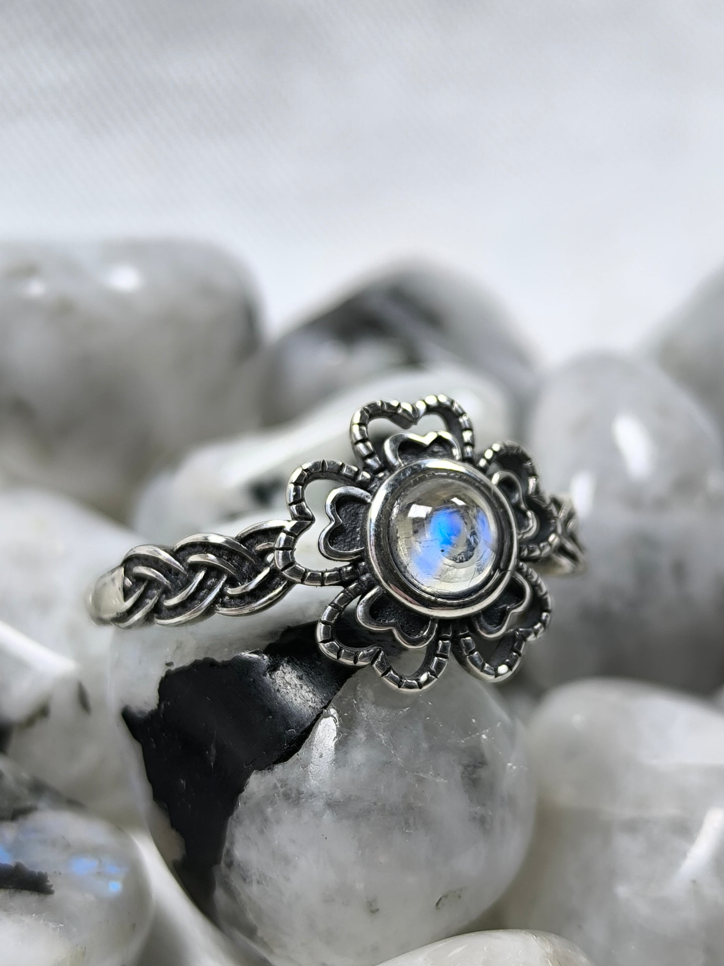 Sterling silver adjustable moonstone flower ring