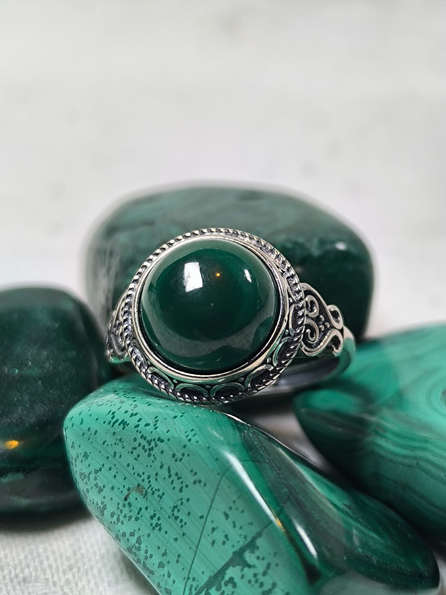 Sterling silver adjustable malachite ring