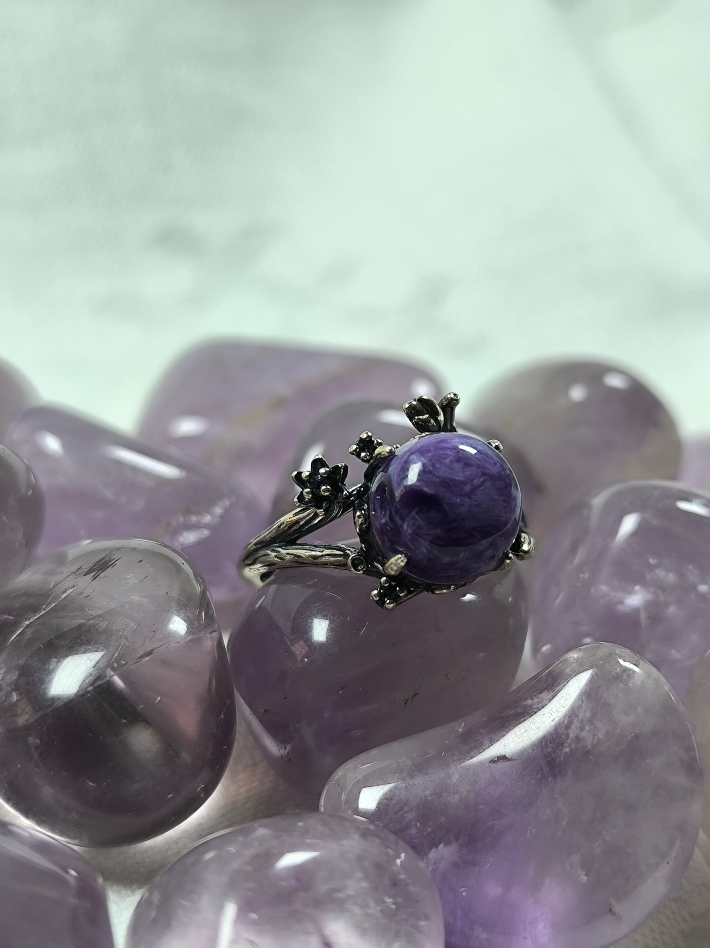 Sterling silver charoite adjustable ring