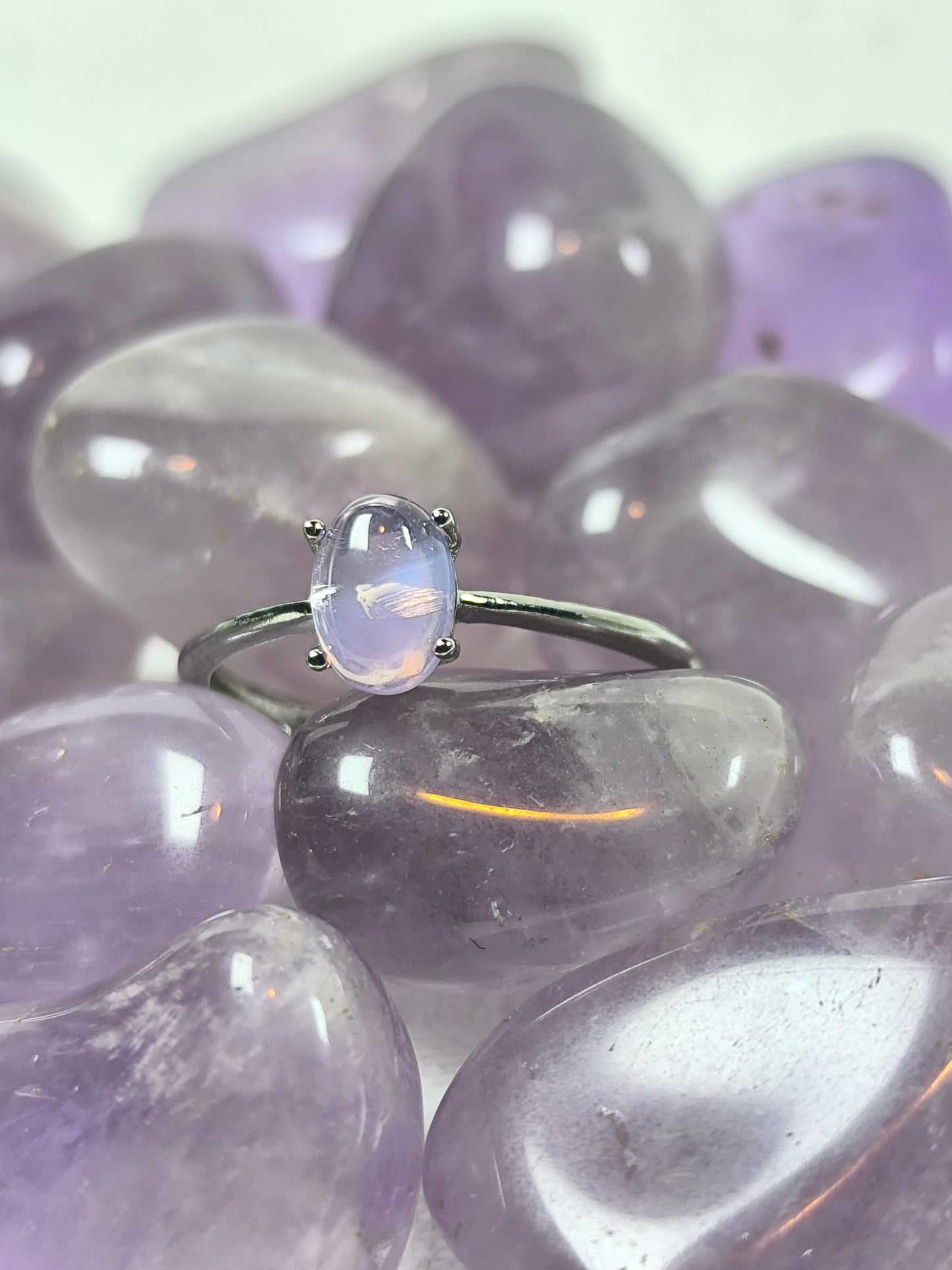 Stainless steel lavender moon quartz adjustable ring
