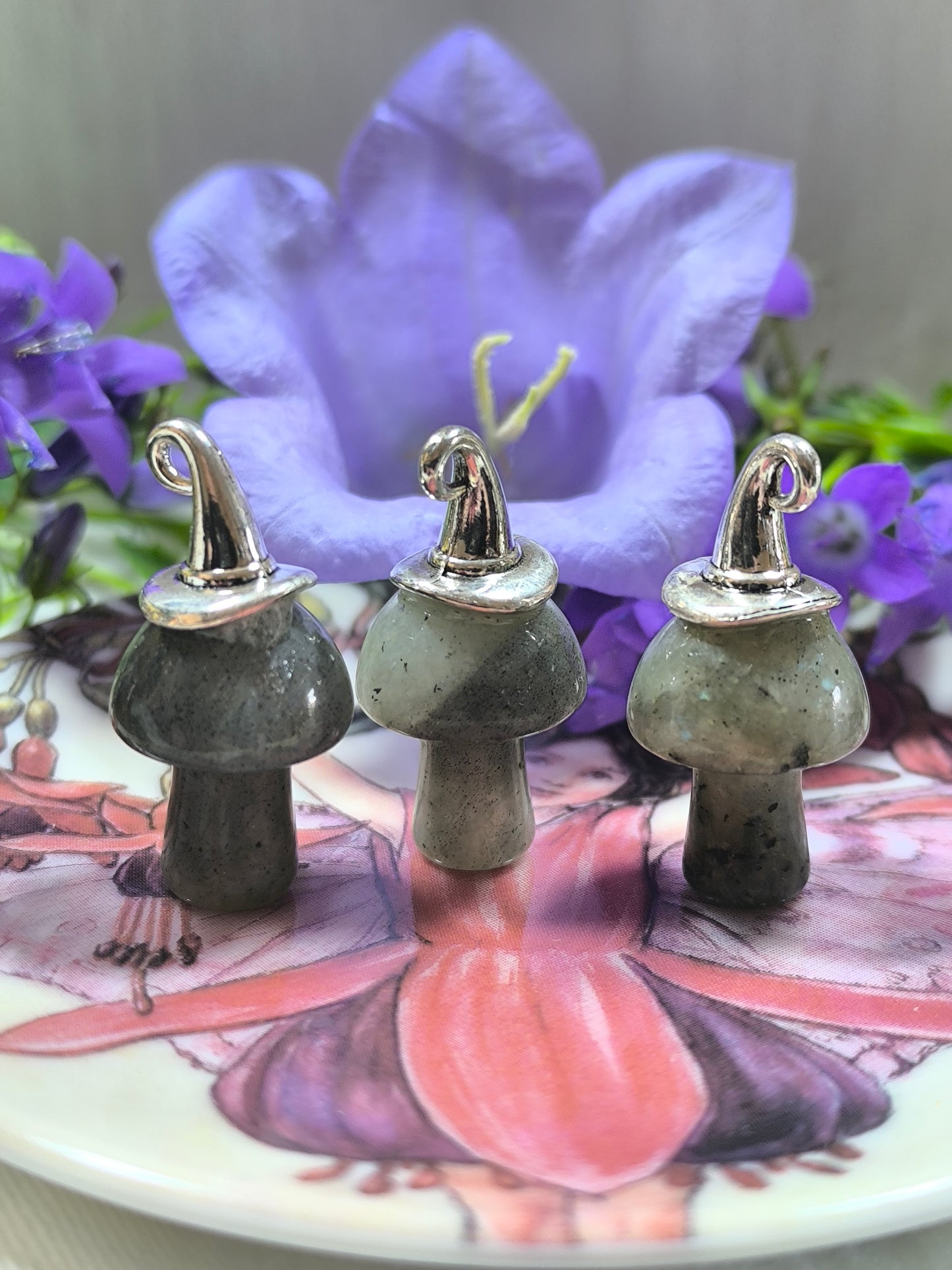 Labradorite mushroom pendants with white metal hats