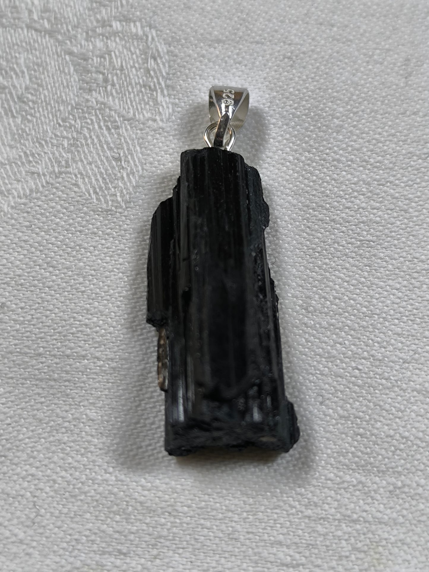 Sterling silver black tourmaline raw pendant & earrings.