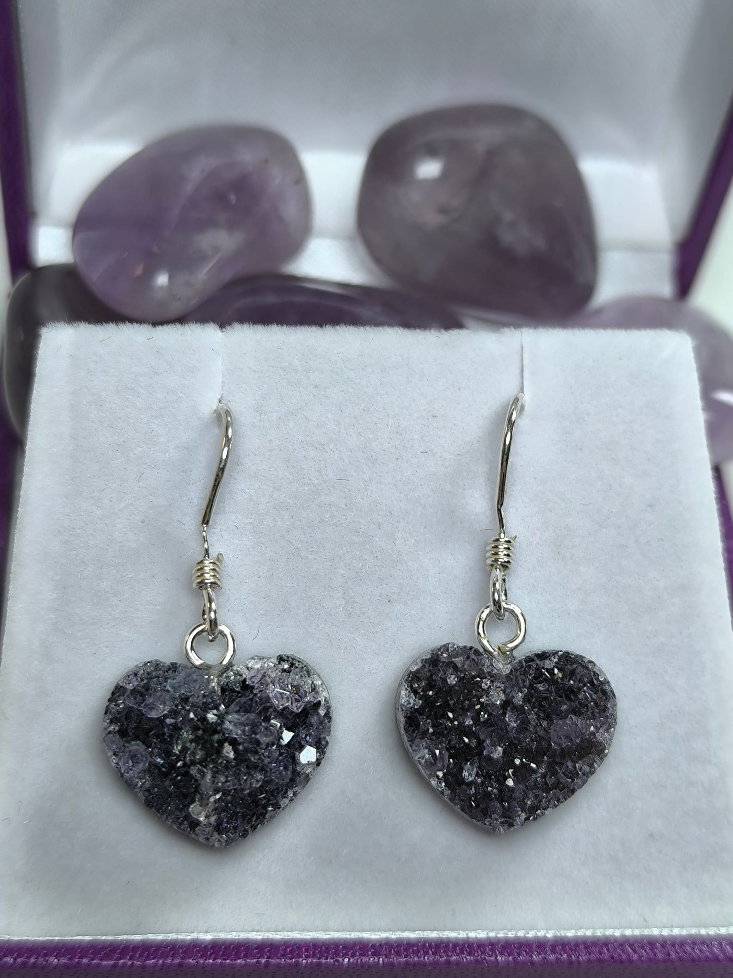 Sterling silver amethyst heart pendants and earrings