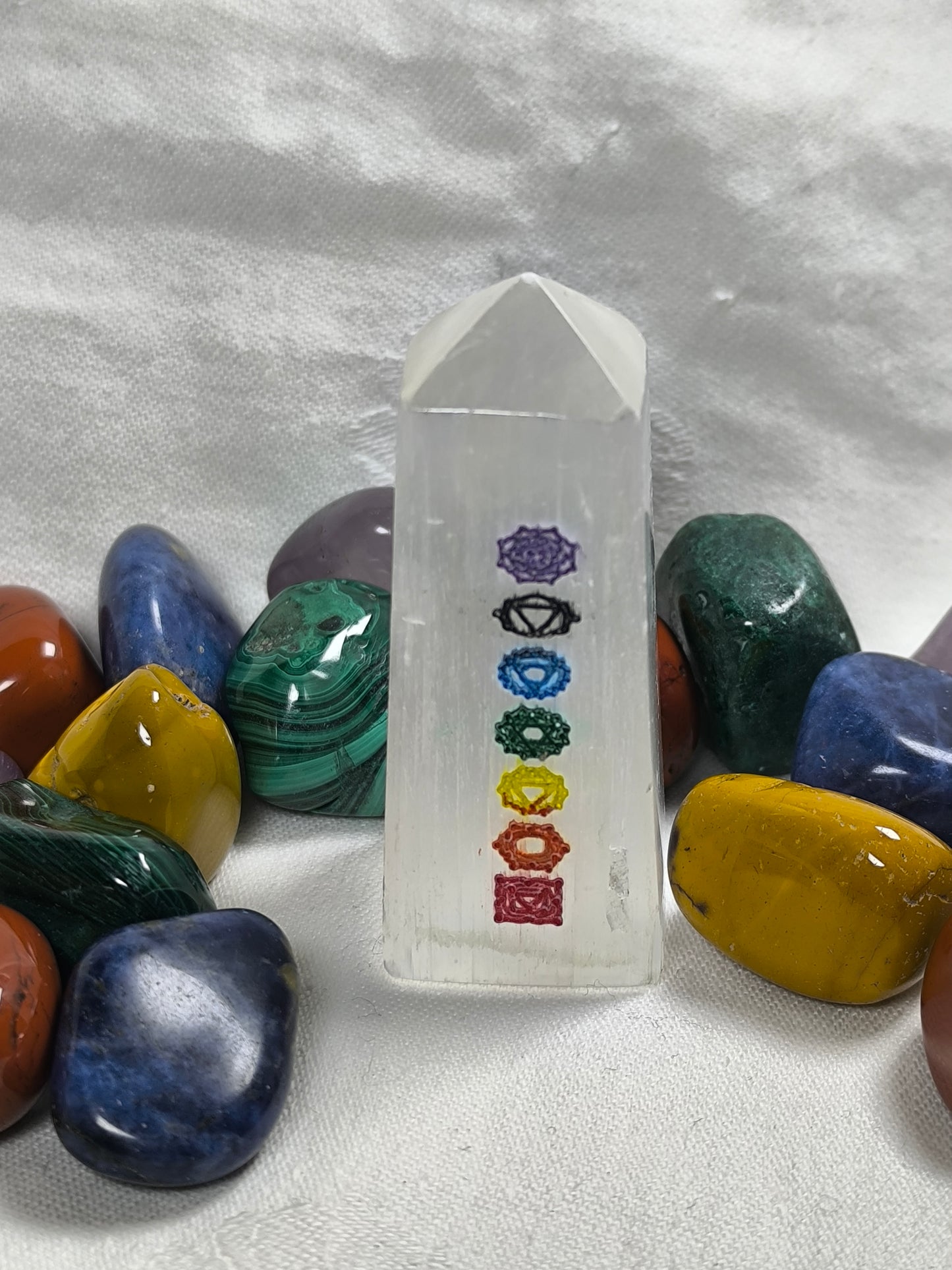 Selenite chakra obelisks