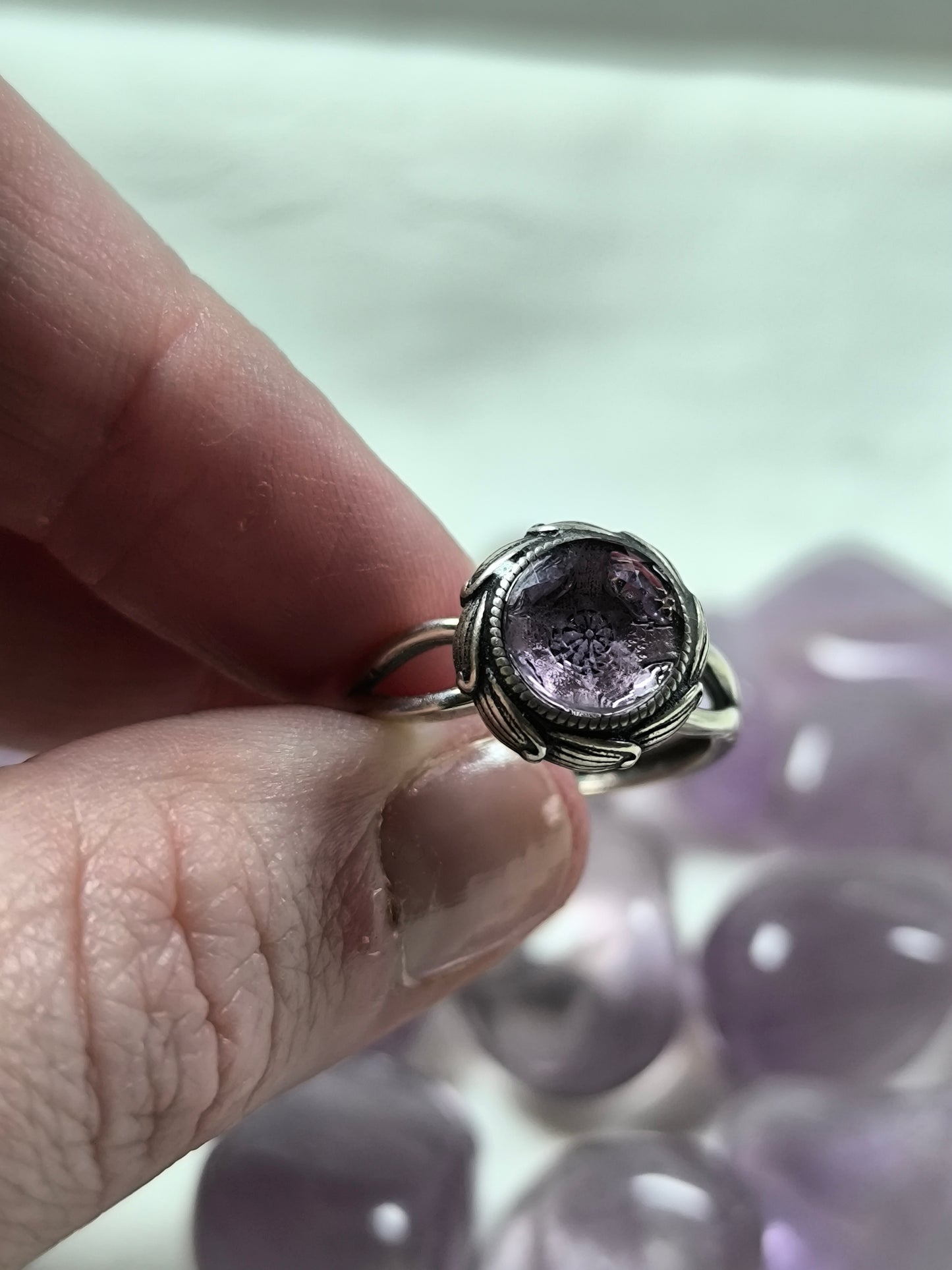Sterling silver lavender moon quartz adjustable fidget ring