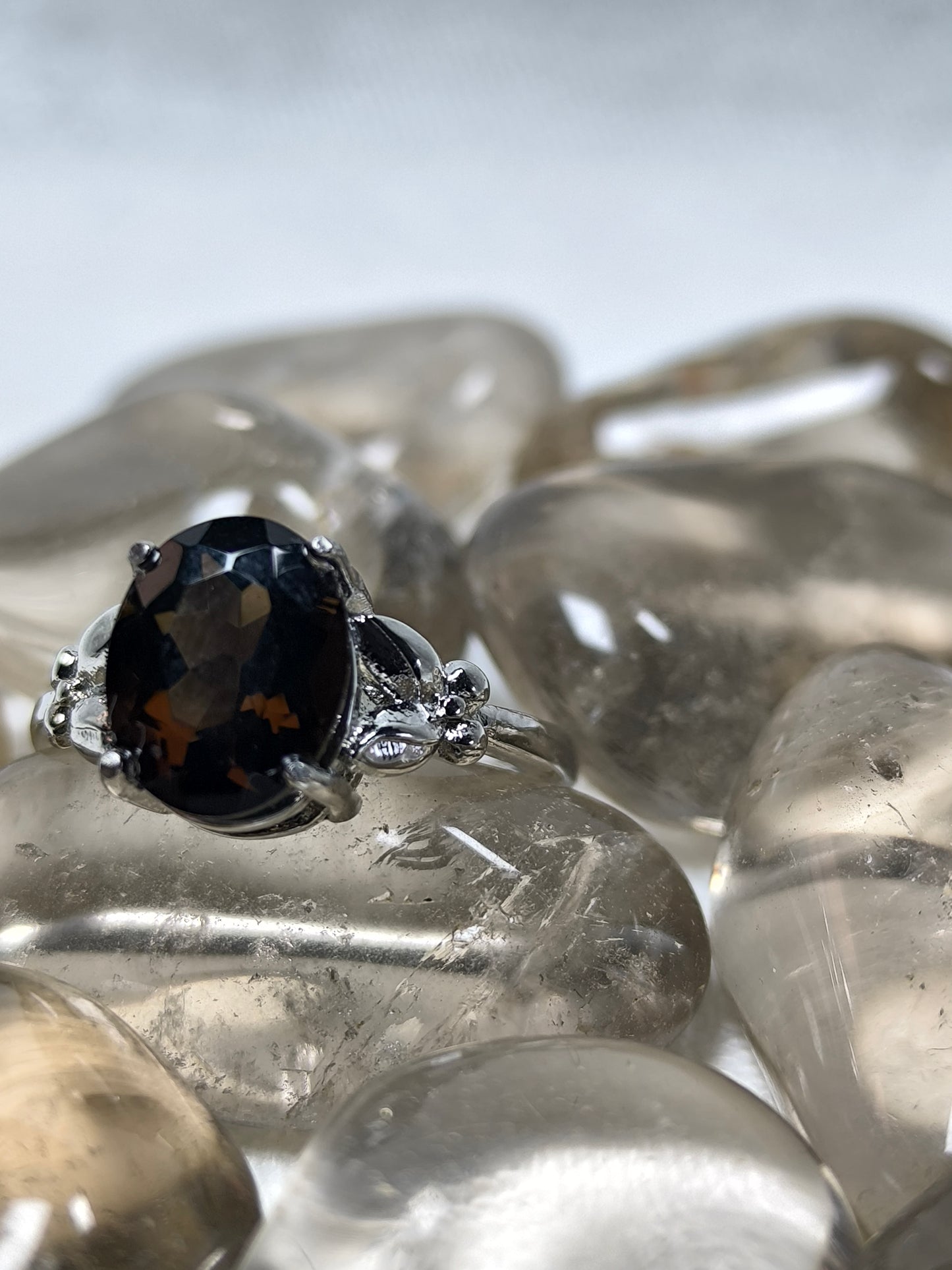Stainless steel adjustable smoky quartz ring