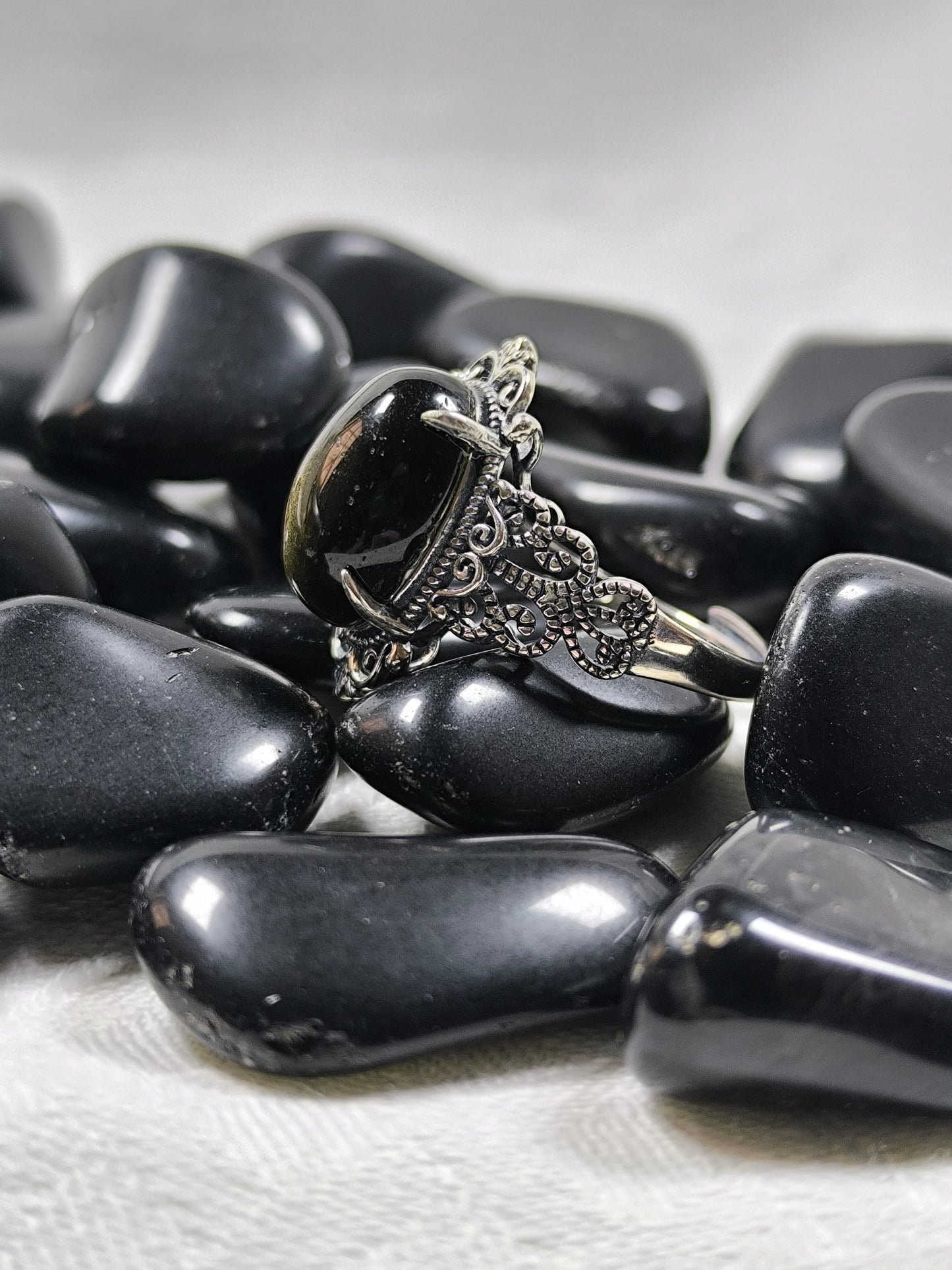 Sterling silver gold sheen obsidian adjustable ring