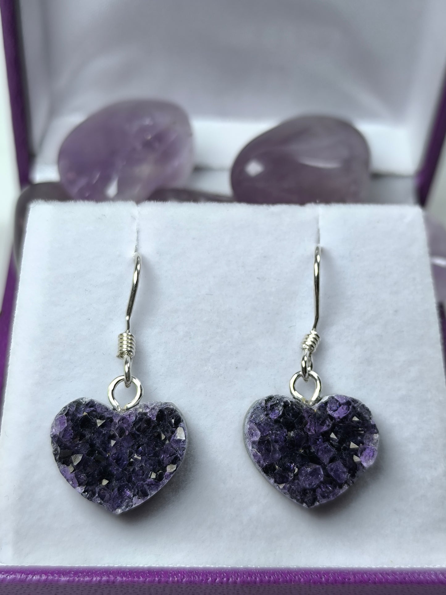Sterling silver amethyst heart pendants and earrings