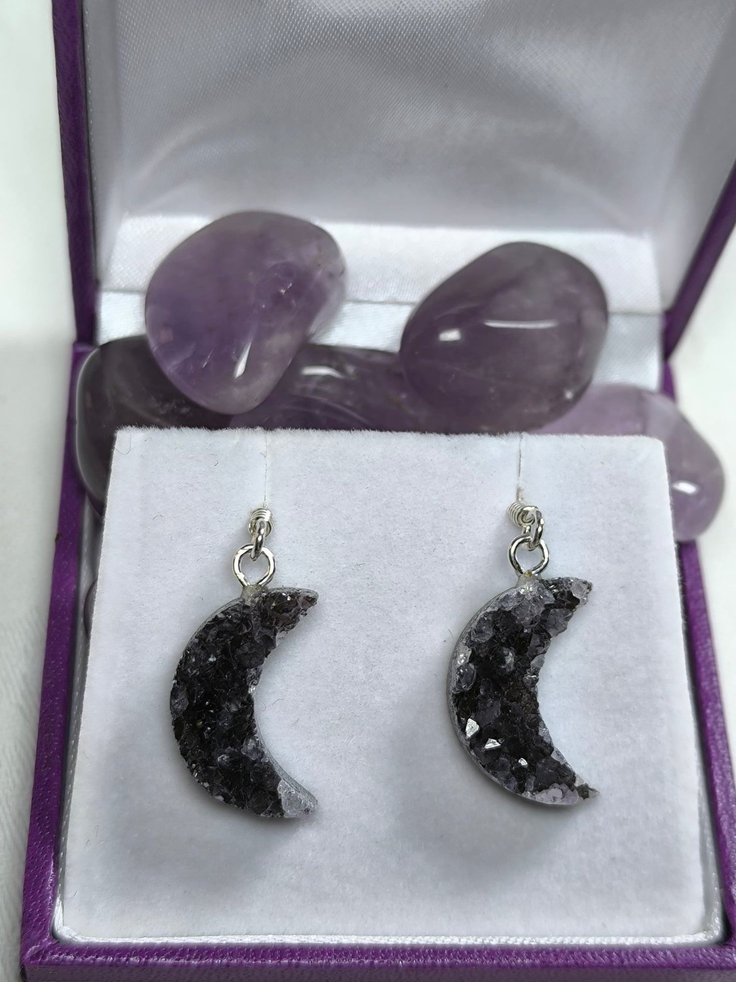 Sterling silver amethyst moon pendants & earrings