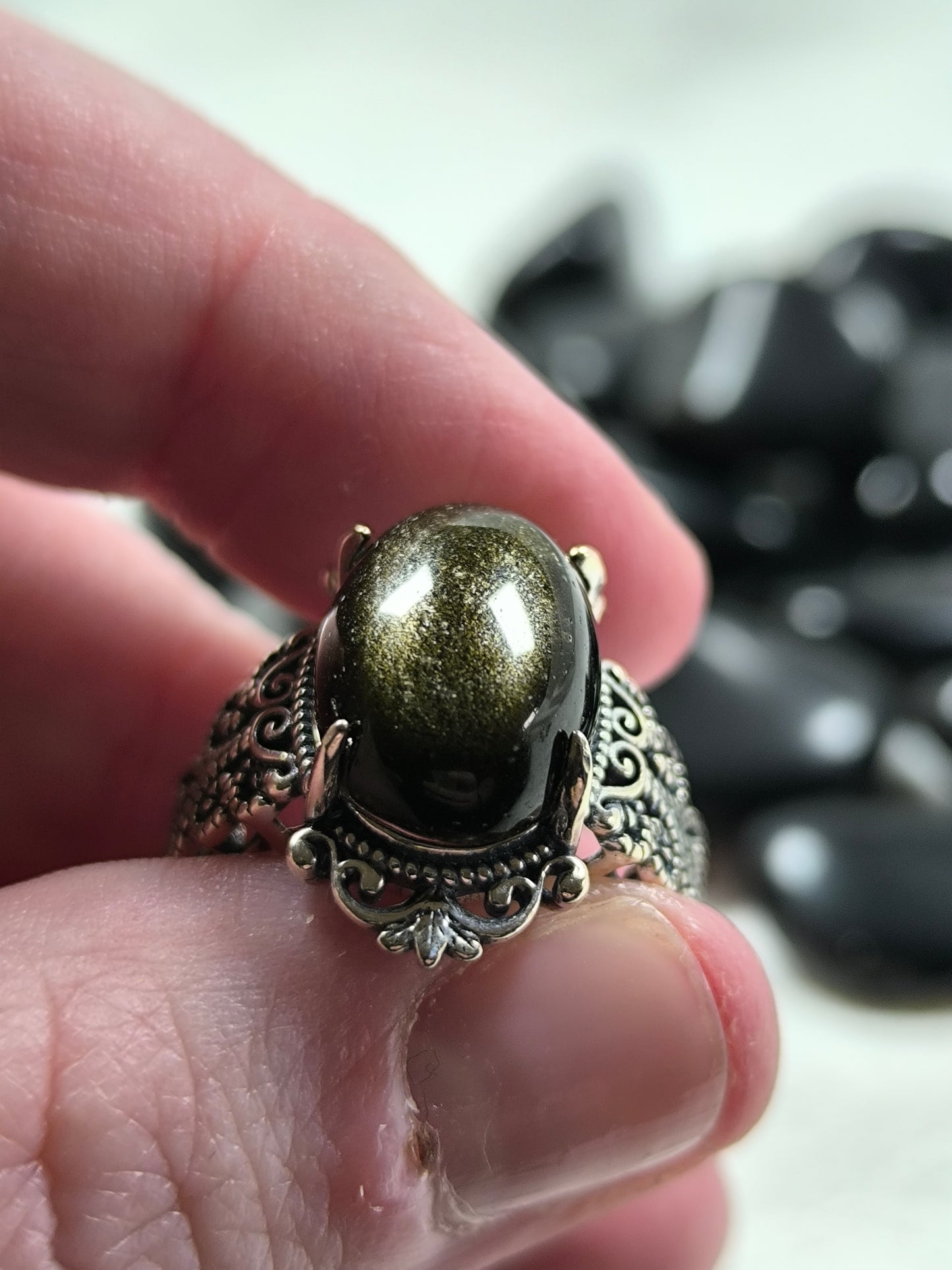 Sterling silver gold sheen obsidian adjustable ring