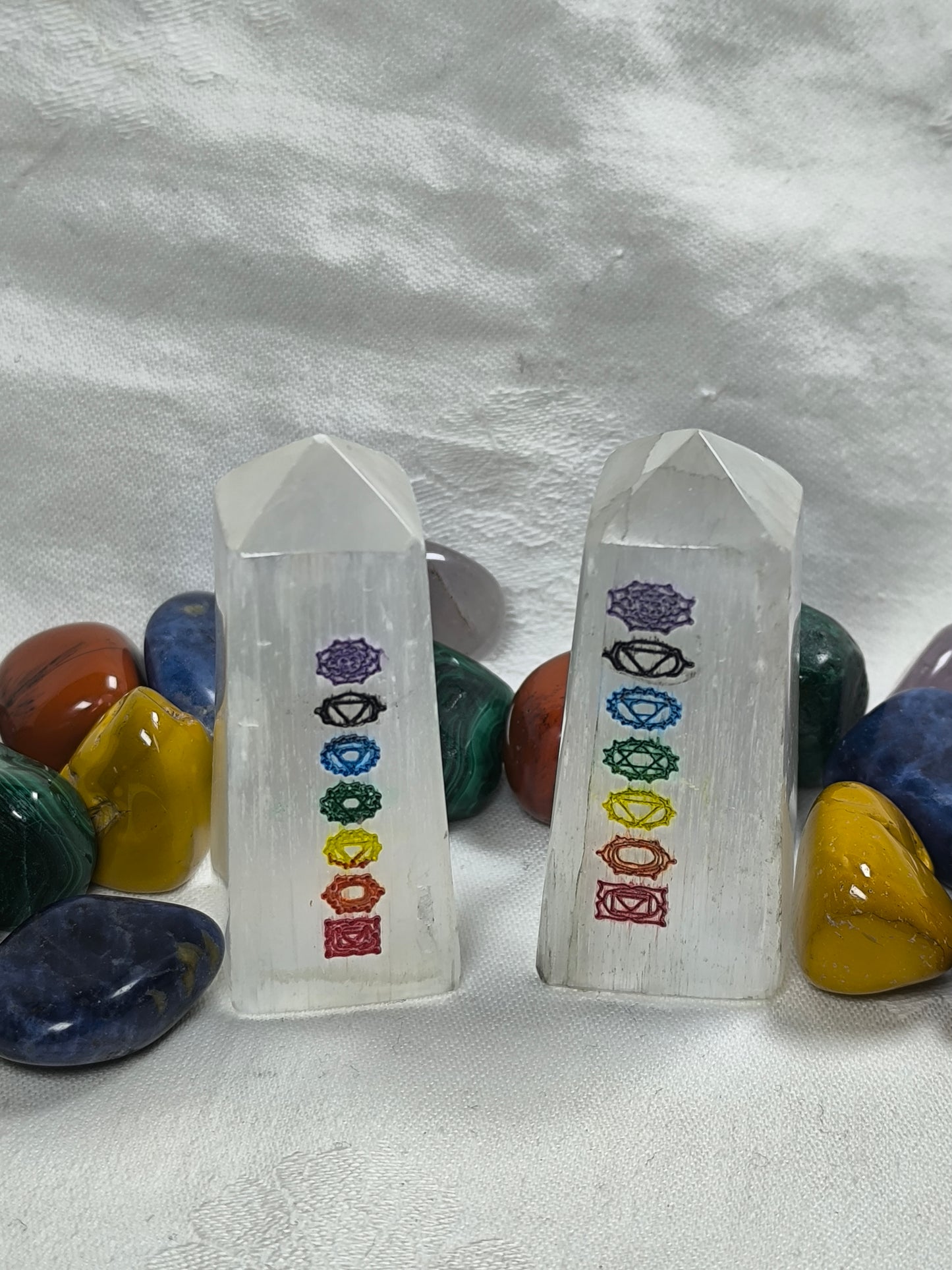 Selenite chakra obelisks