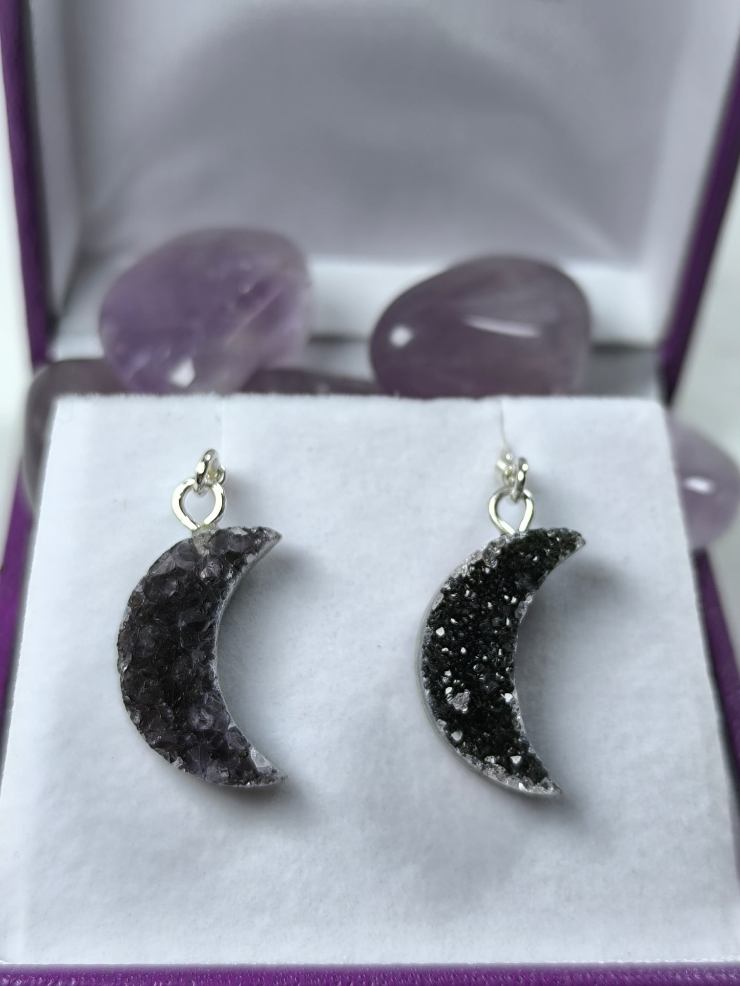 Sterling silver amethyst moon pendants & earrings