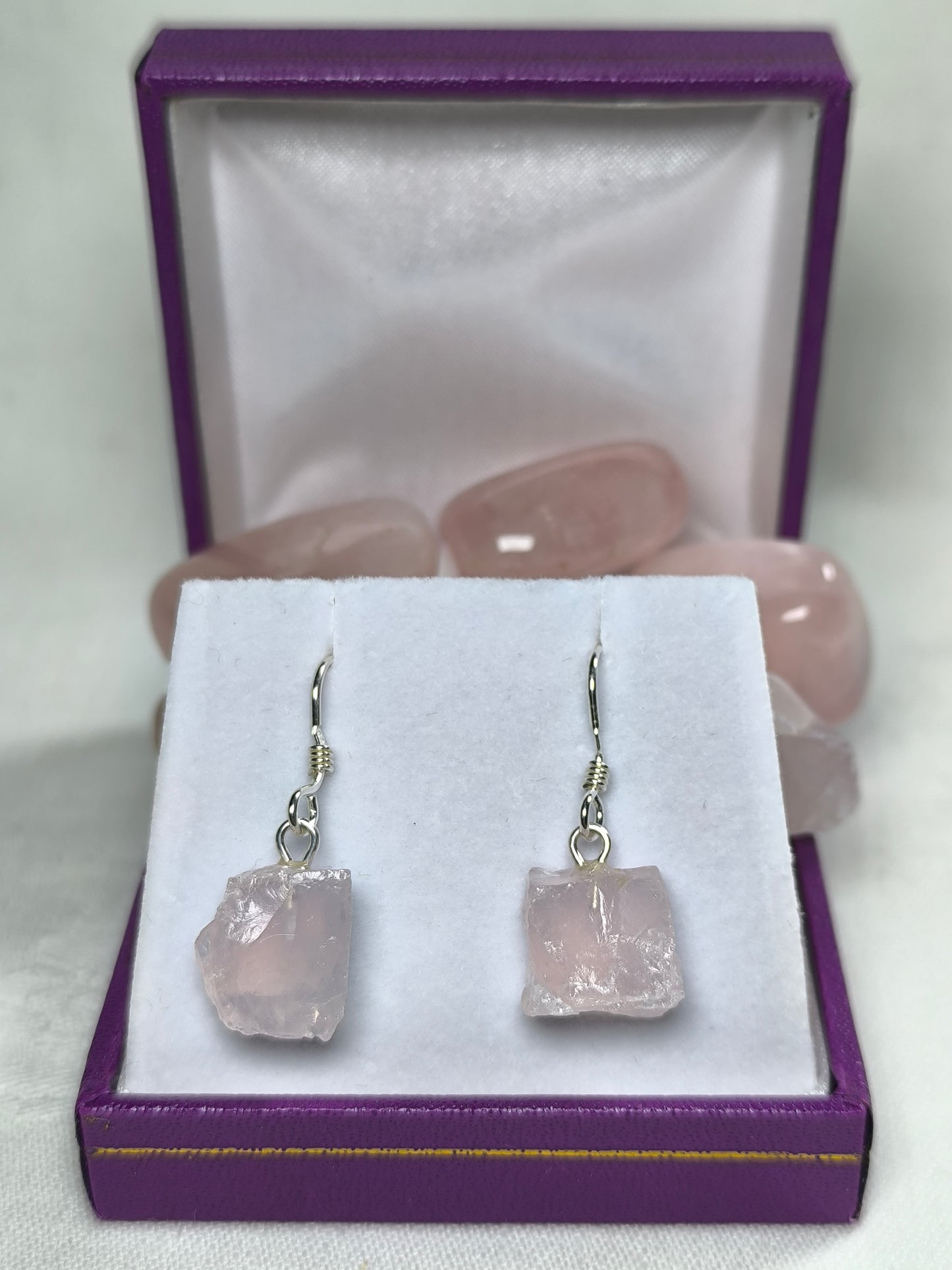 Sterling silver raw rose quartz pendant and earrings