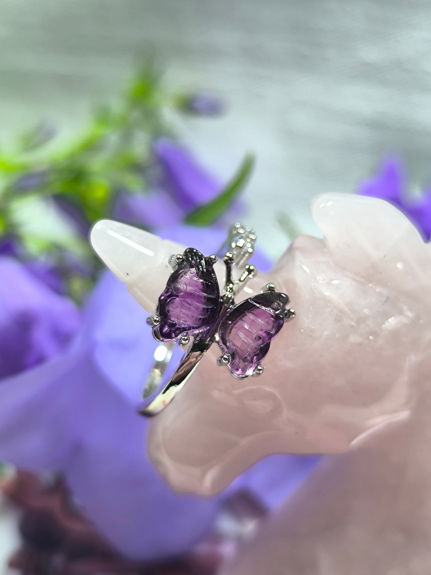 Stainless steel adjustable fluorite butterfly ring