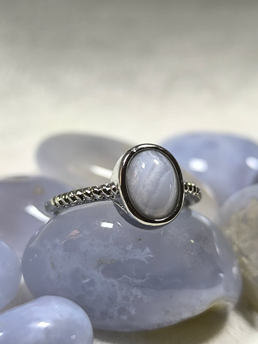 Stainless steel adjustable blue lace agate ring