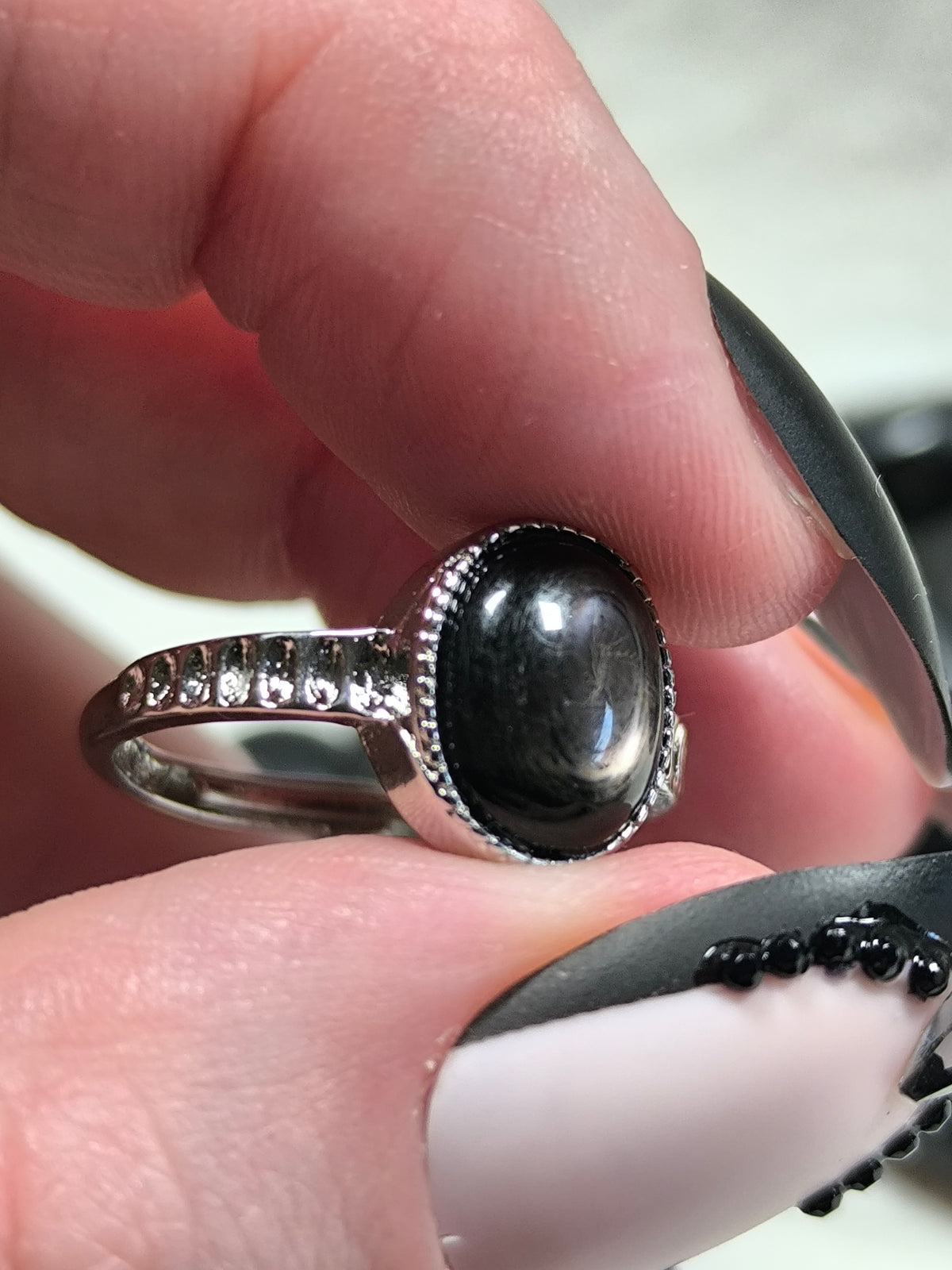 Stainless steel adjustable hypersthene ring