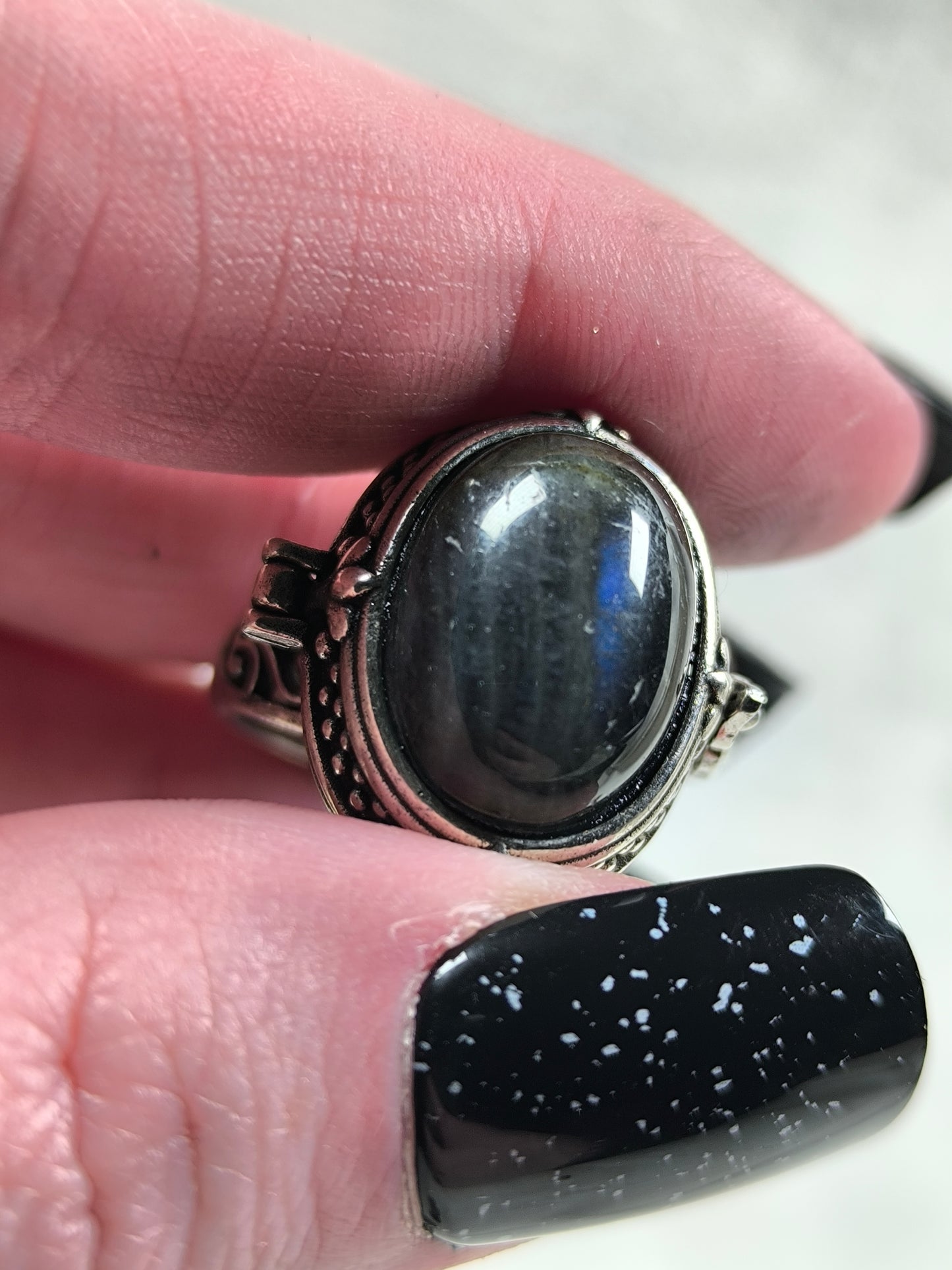 Stainless steel adjustable labradorite poison ring