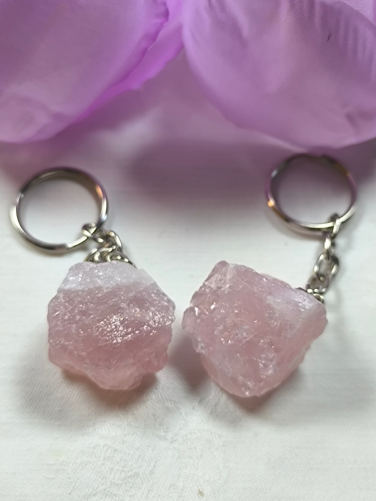 Raw rose quartz keyrings