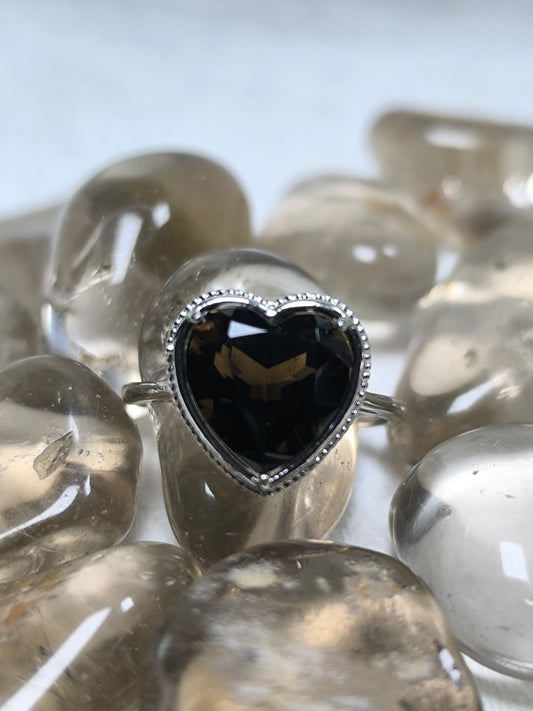 Stainless steel adjustable smoky quartz heart ring
