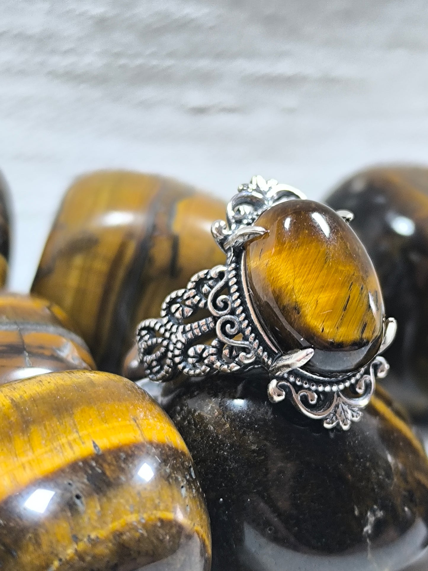 Sterling silver adjustable tigers eye ring