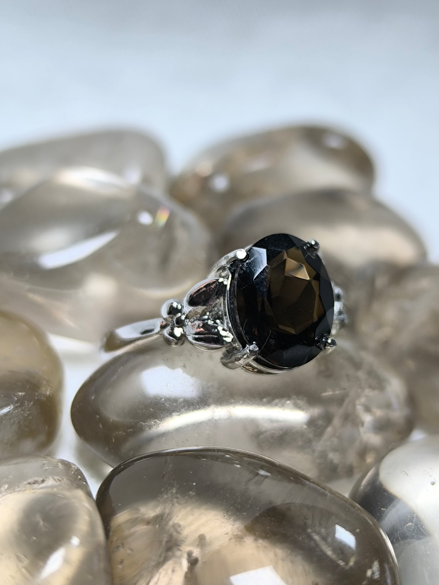 Stainless steel adjustable smoky quartz ring