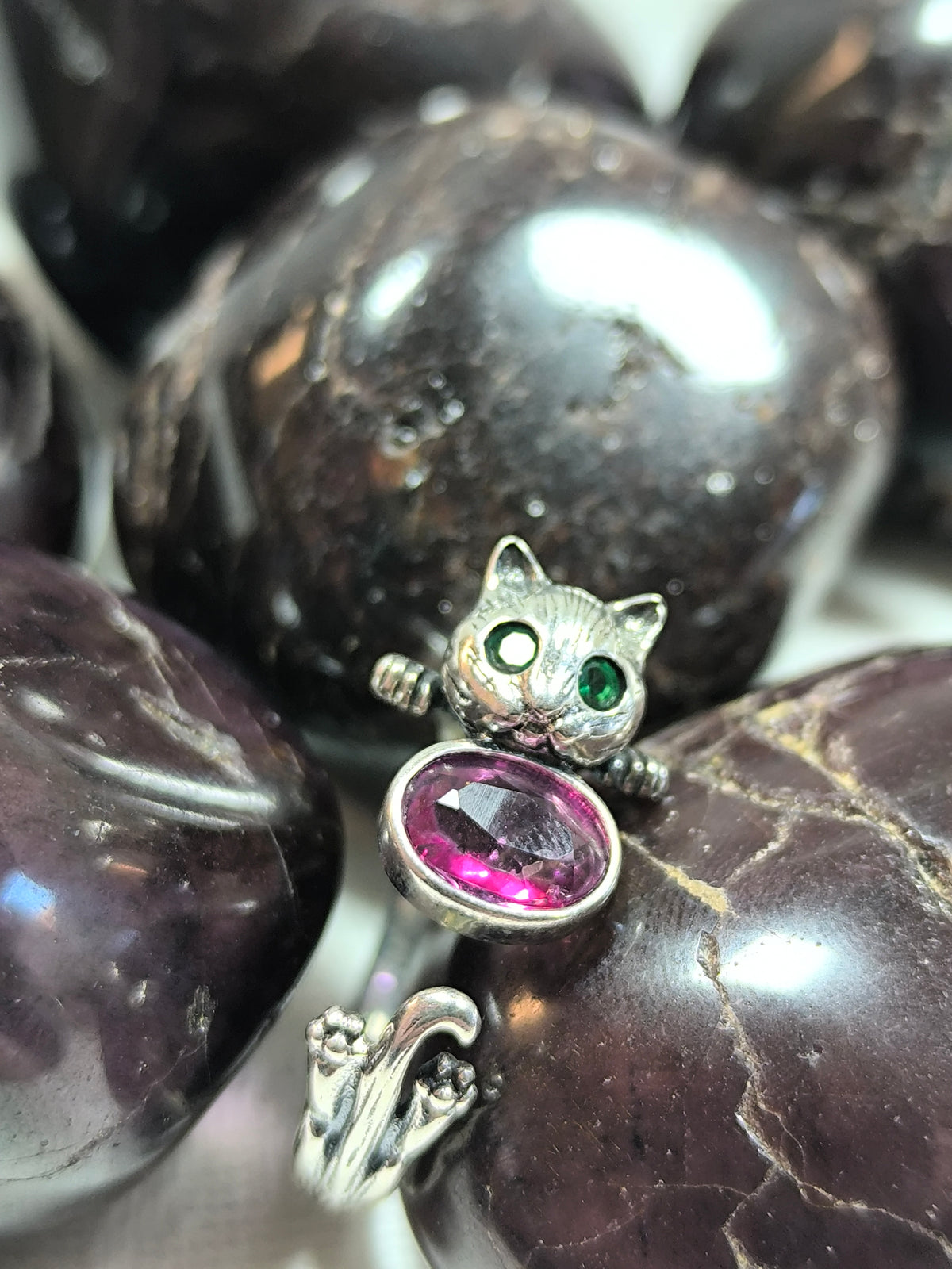 Sterling silver adjustable pink tourmaline cat ring