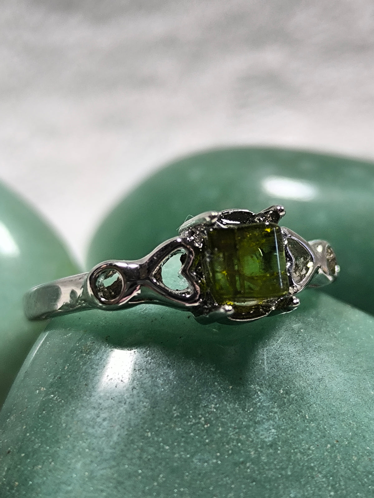 Stainless steel adjustable green tourmaline ring
