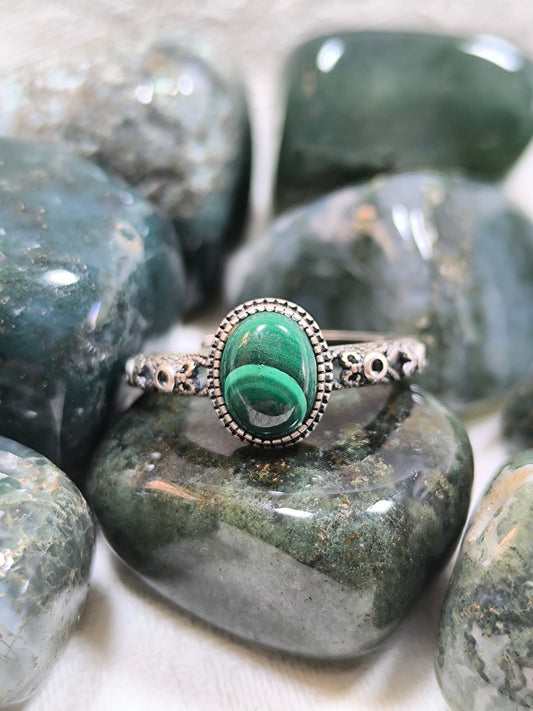Sterling silver adjustable malachite ring