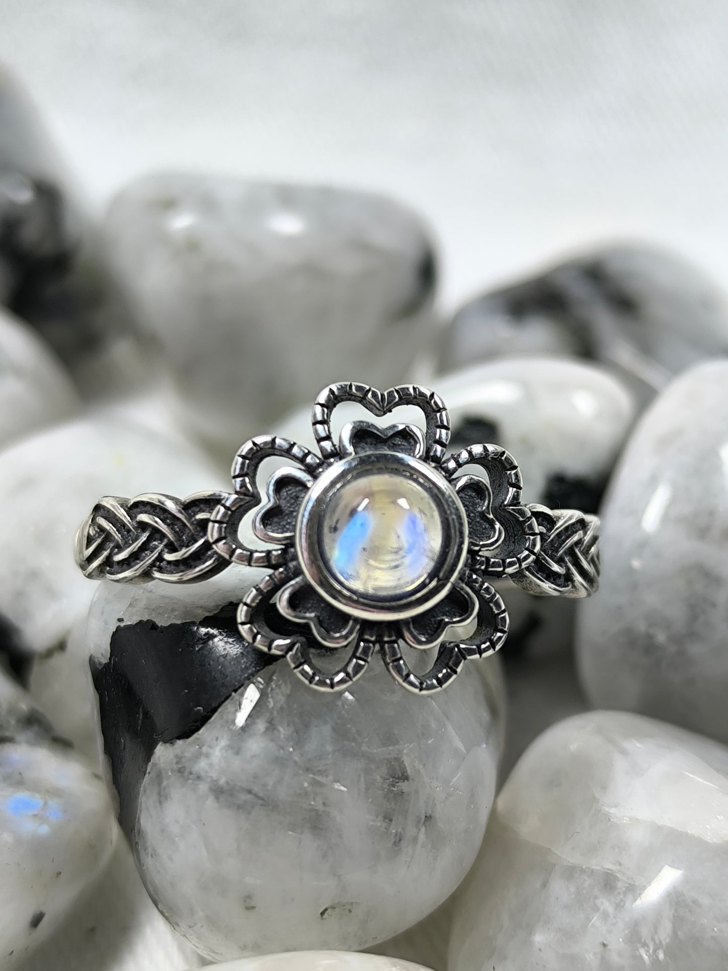 Sterling silver adjustable moonstone flower ring