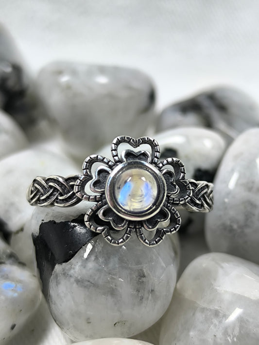 Sterling silver adjustable moonstone flower ring