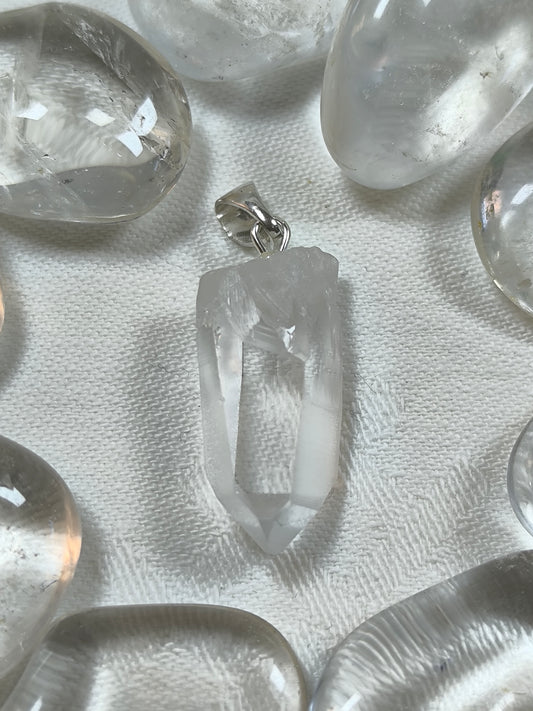 Sterling silver clear quartz raw pendant