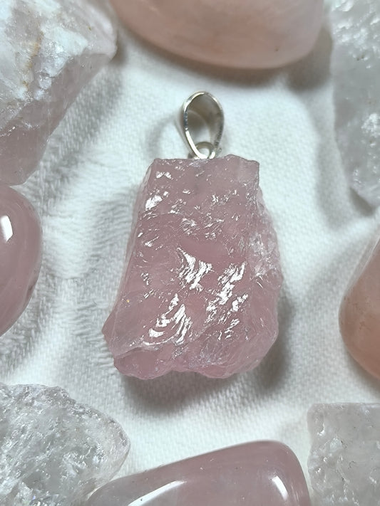 Sterling silver raw rose quartz pendant and earrings