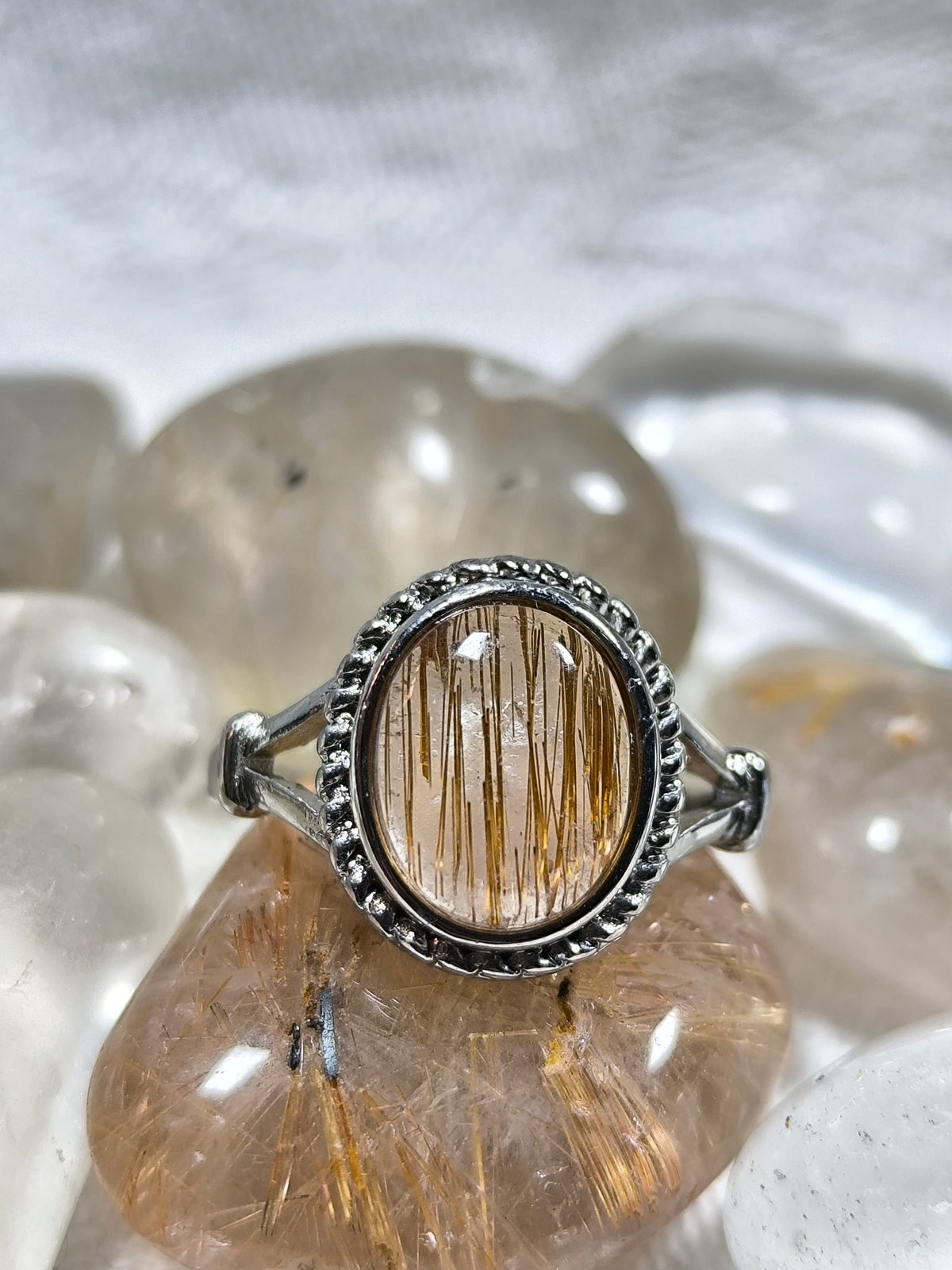 Stainless steel adjustable rutile quartz ring