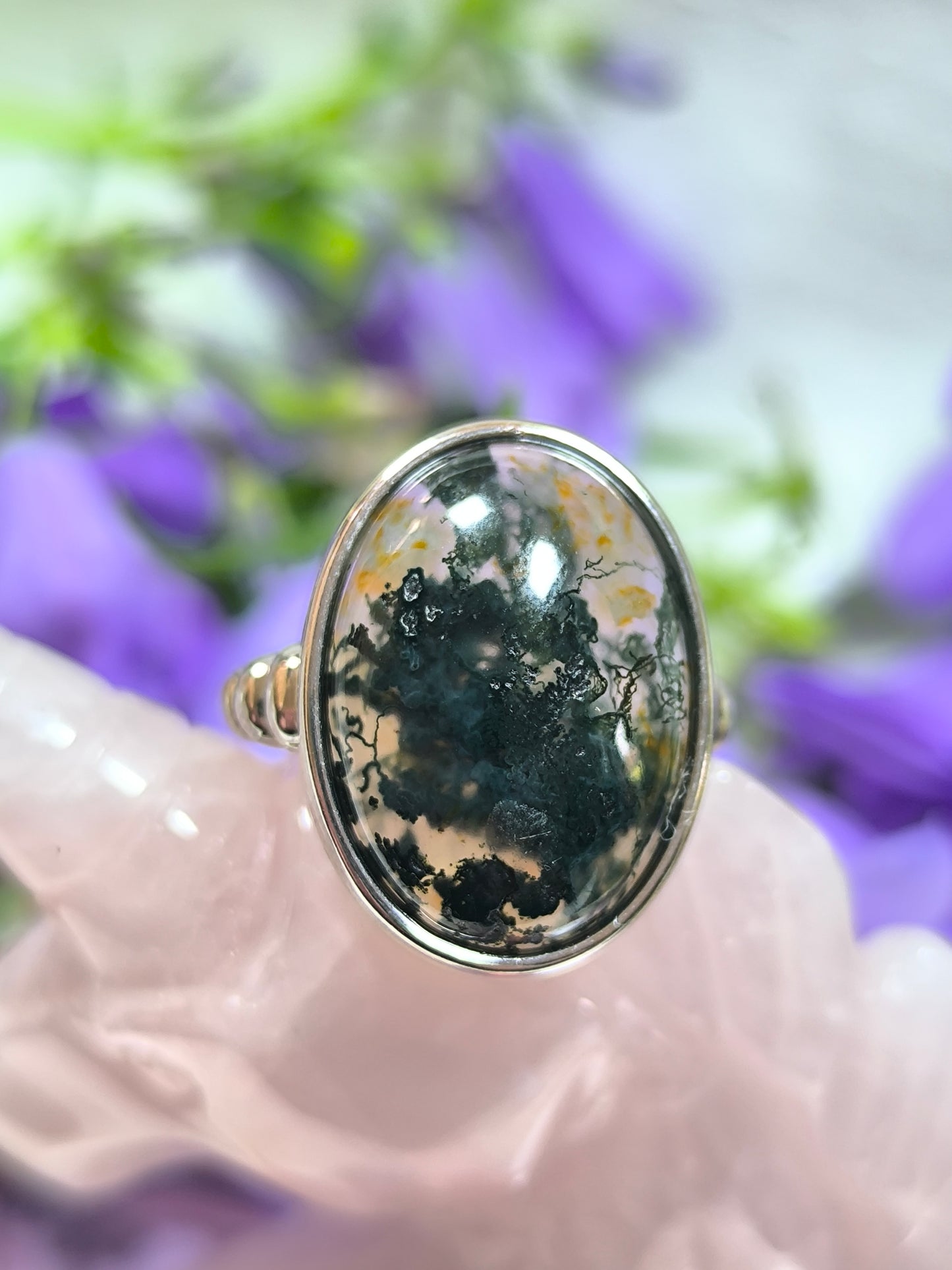 Stainless steel adjustable moss agate ring