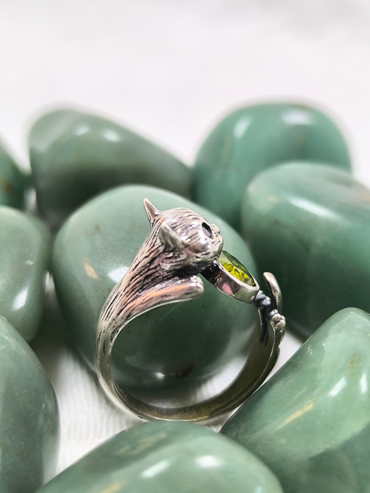 Sterling silver adjustable peridot cat ring