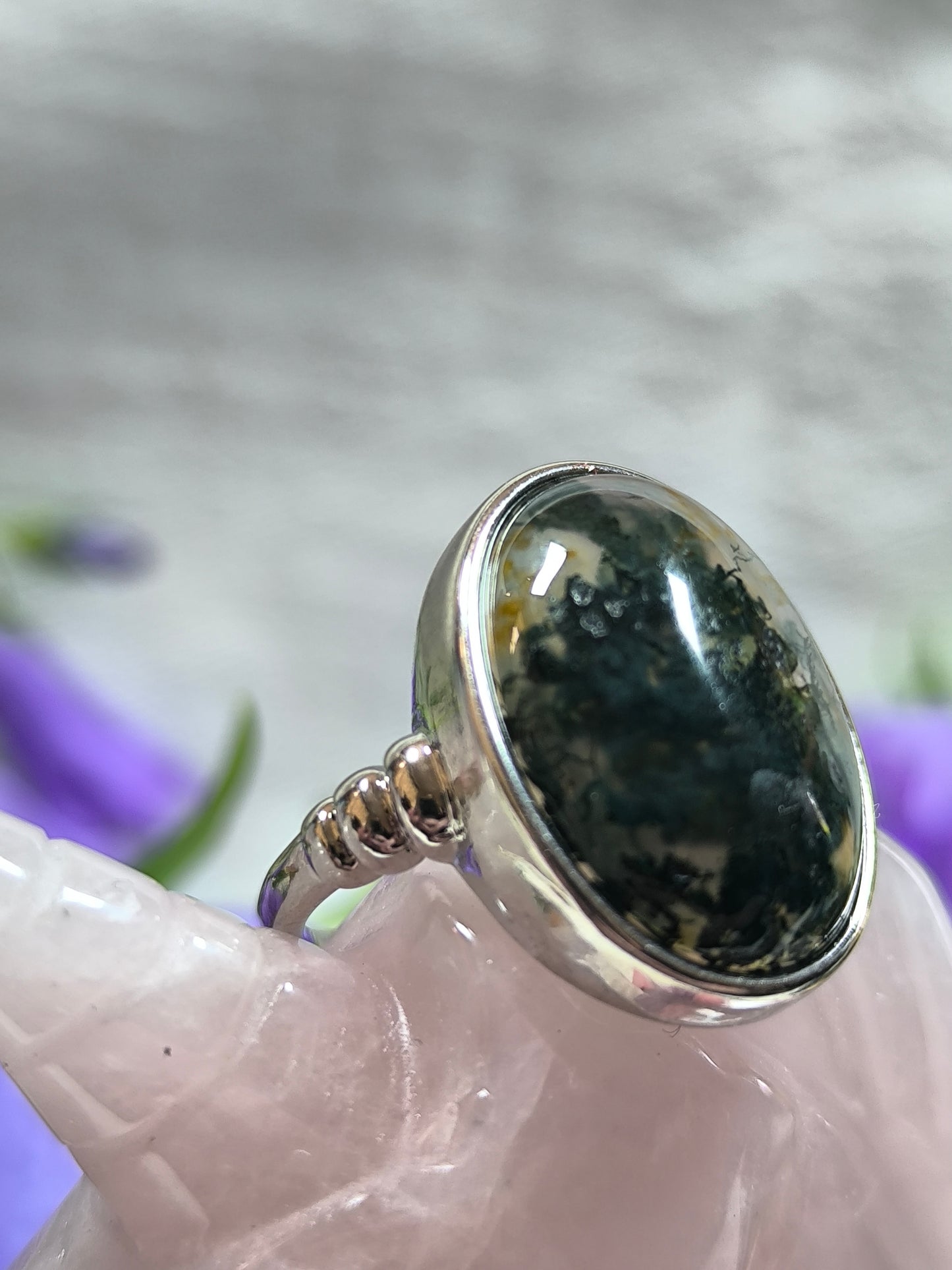 Stainless steel adjustable moss agate ring