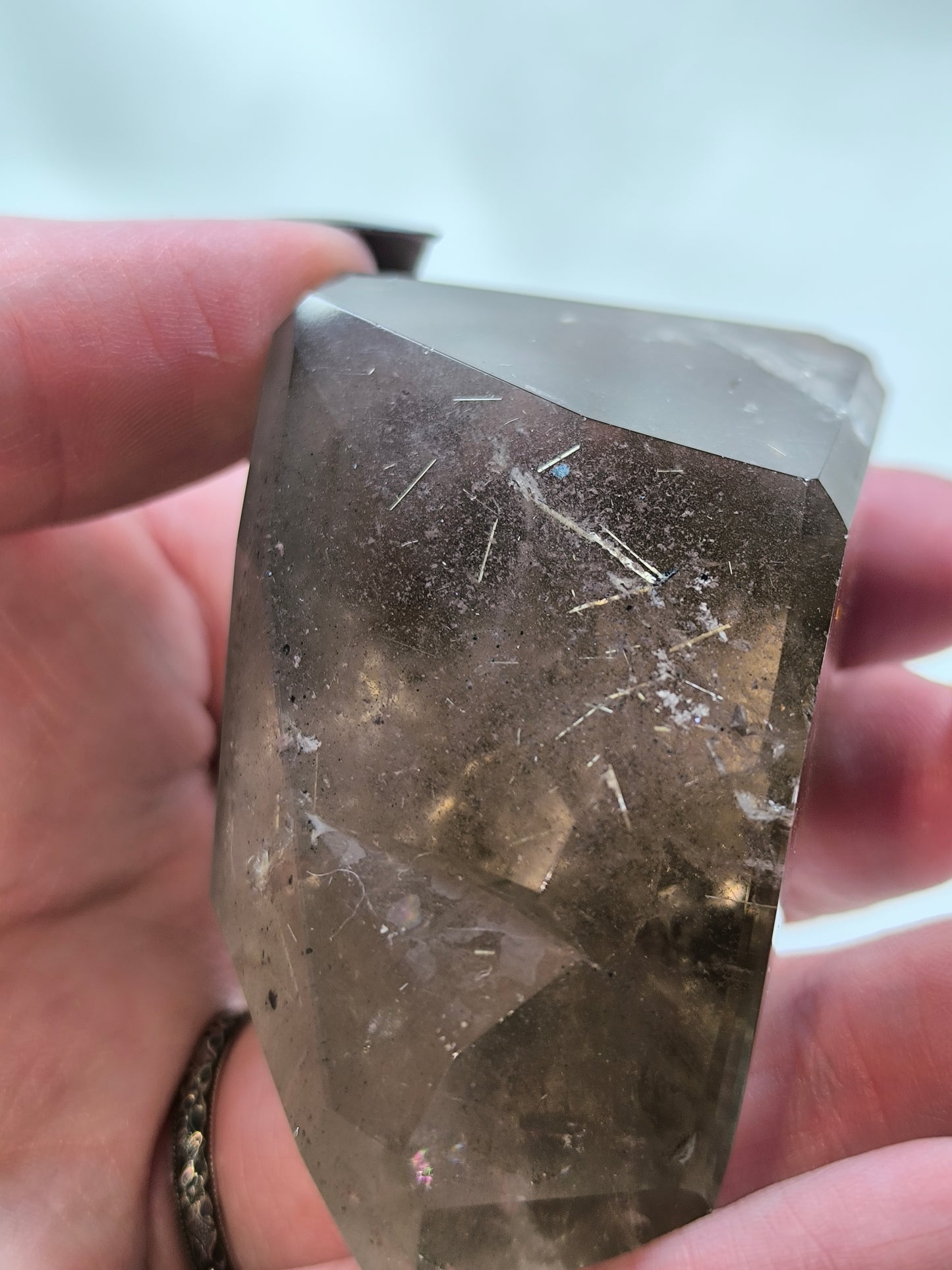 Smoky quartz freeform with rutlie and lodalite