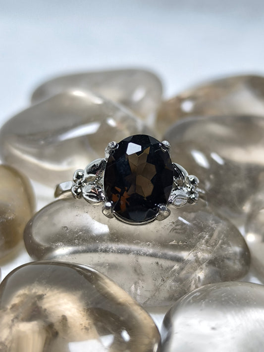 Stainless steel adjustable smoky quartz ring