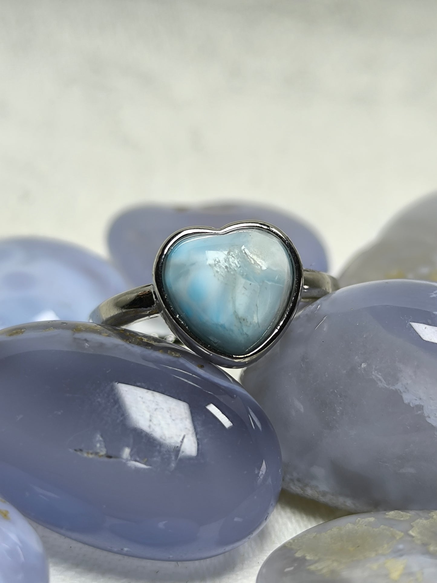 Stainless steel adjustable larimar ring