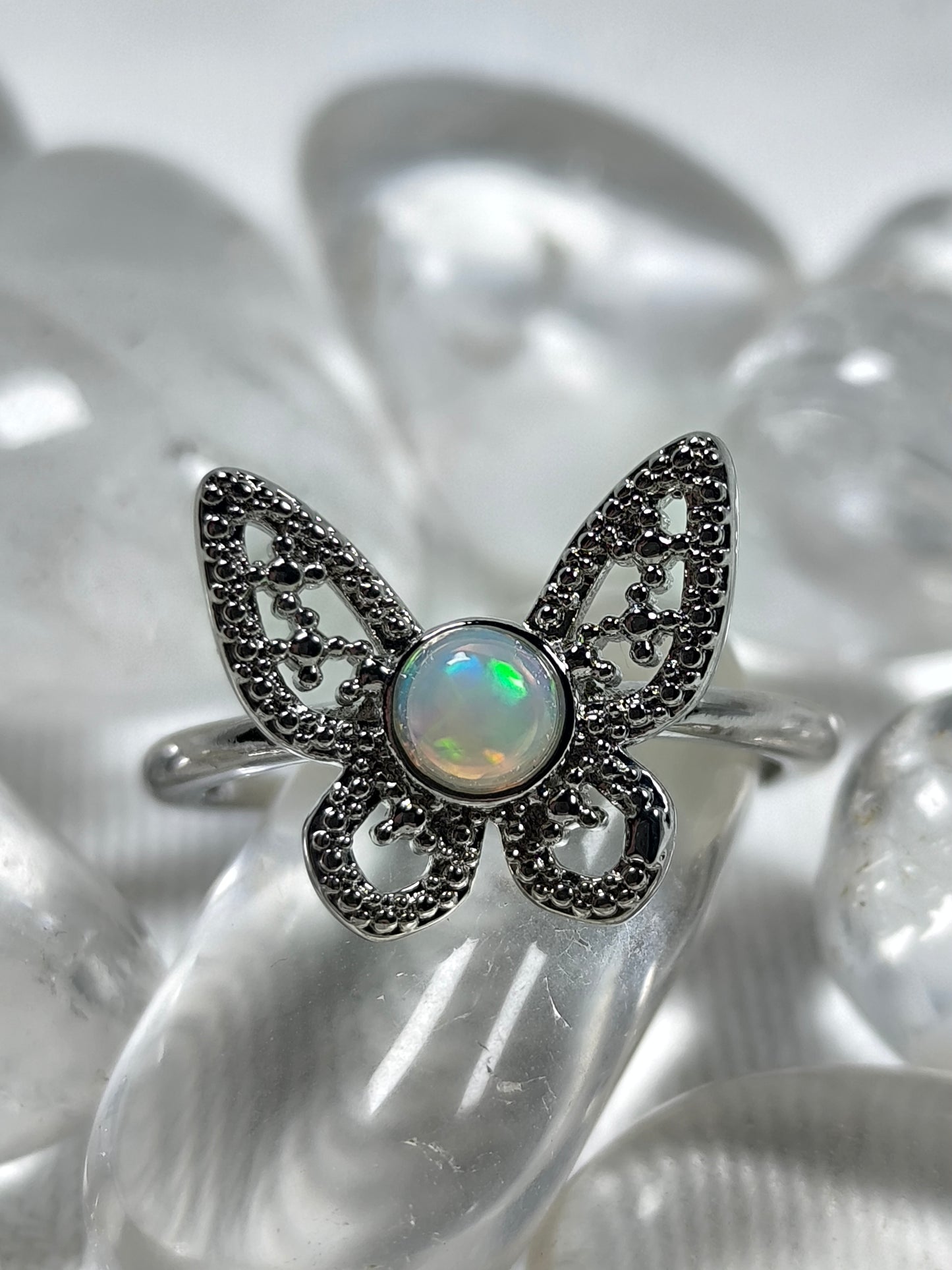 Stainless steel butterfly opal ring