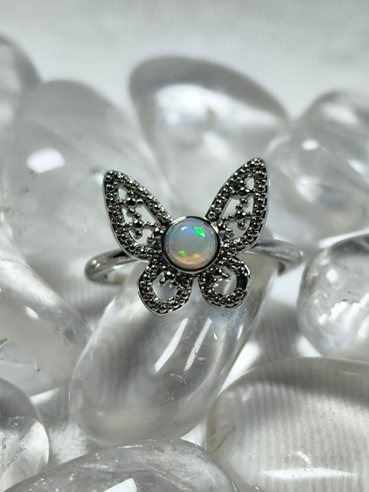 Stainless steel butterfly opal ring