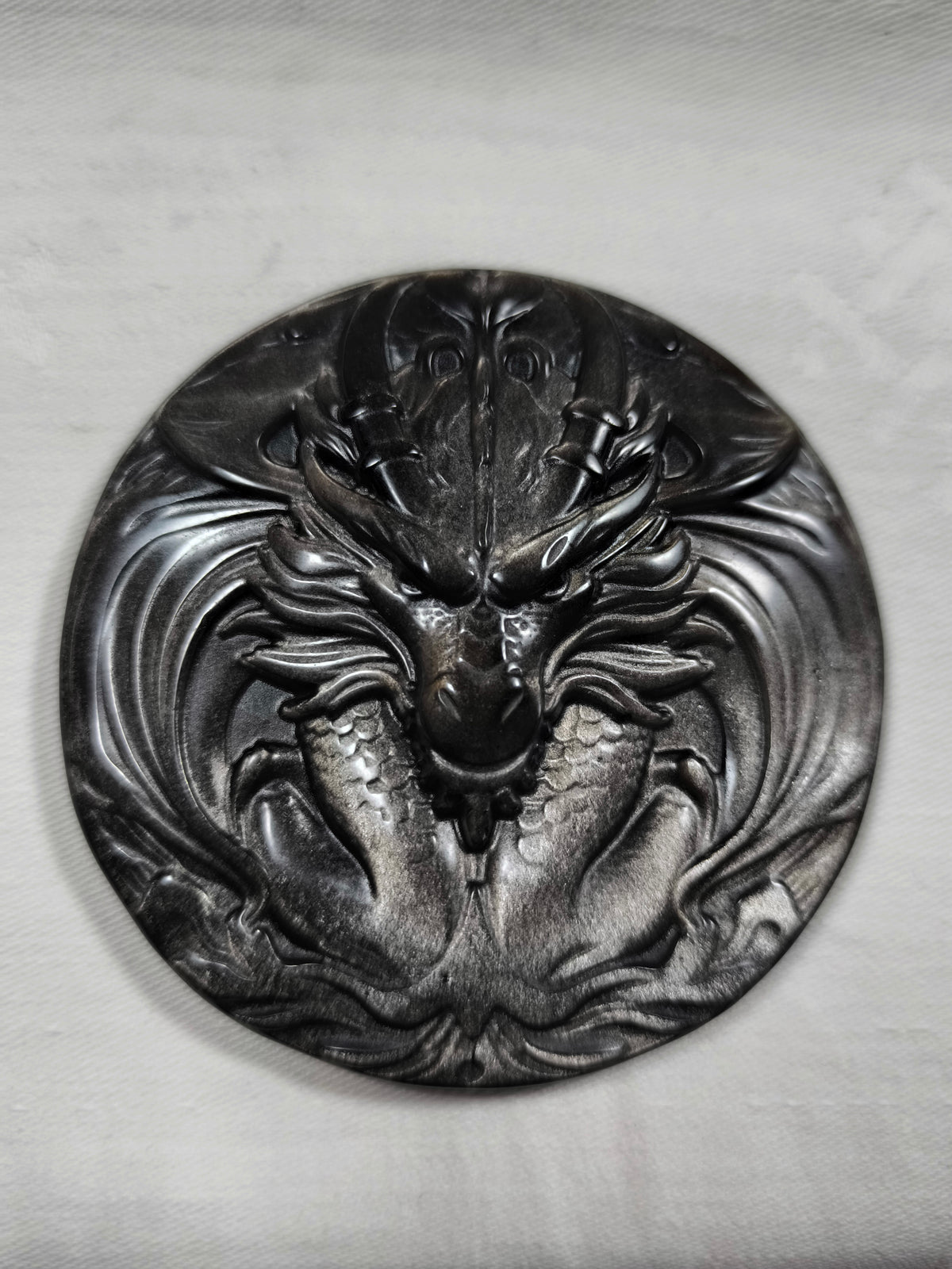 Silver sheen obsidian dragon carving