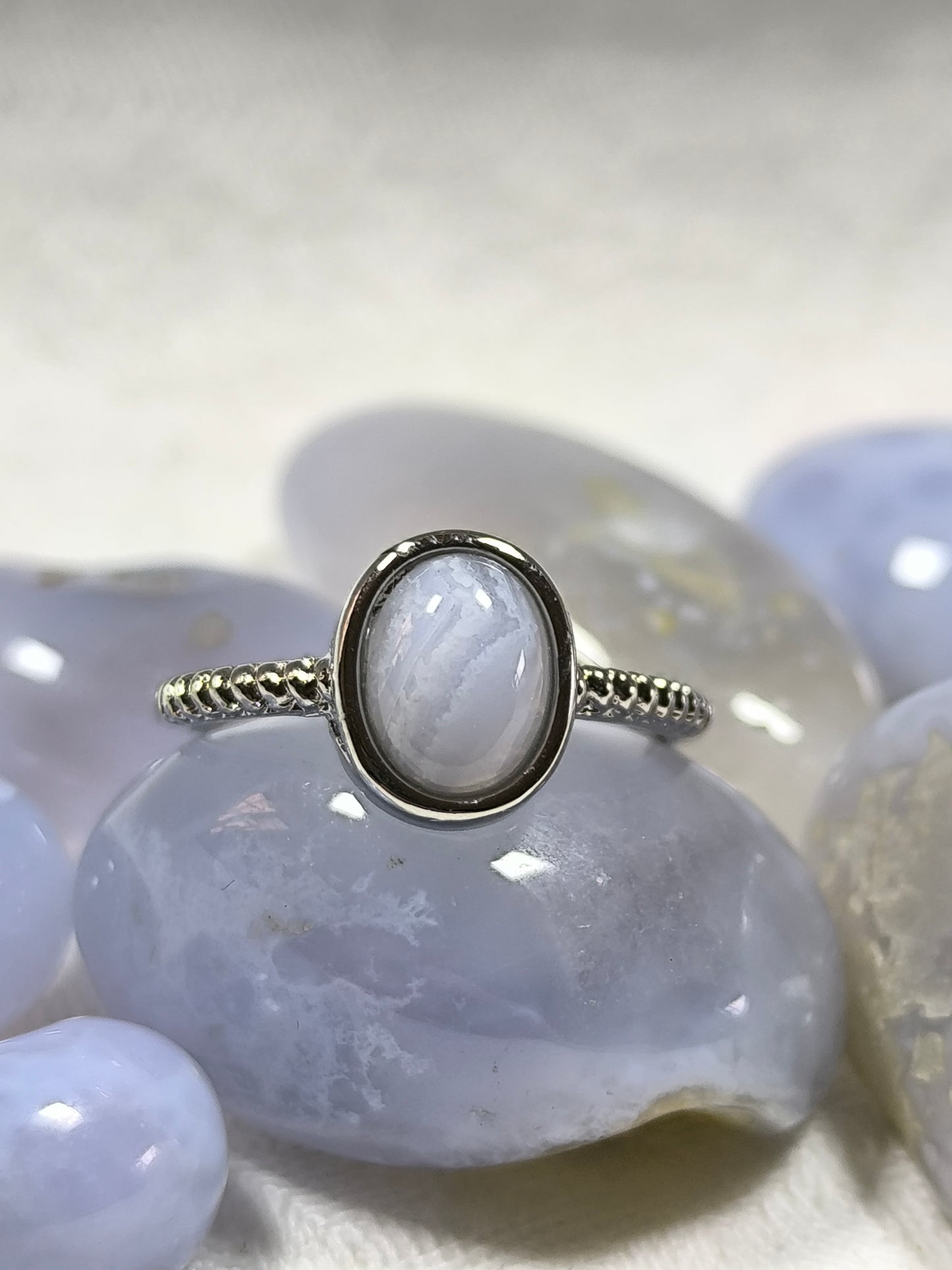 Stainless steel adjustable blue lace agate ring