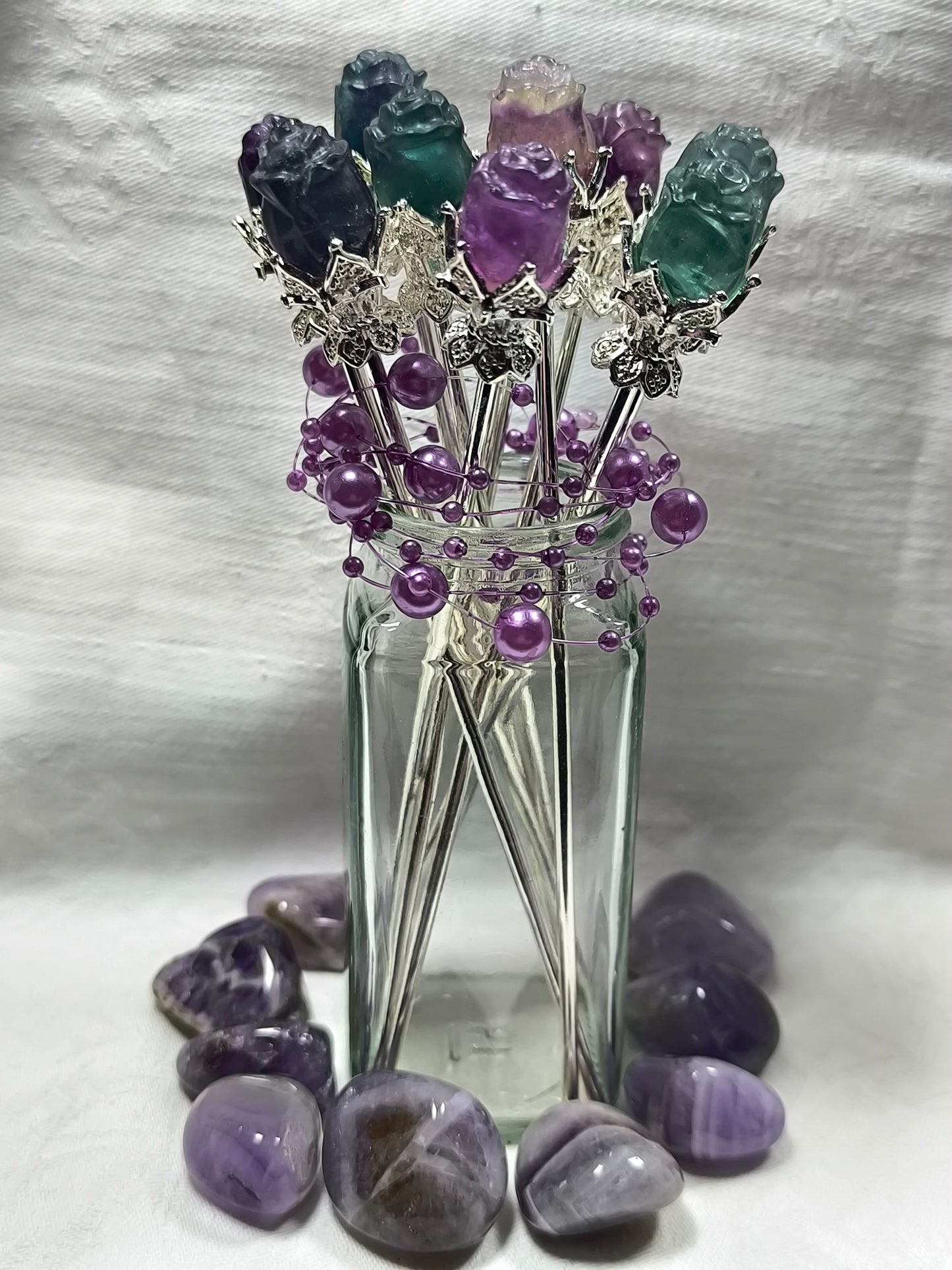 Fluorite rose hair pin