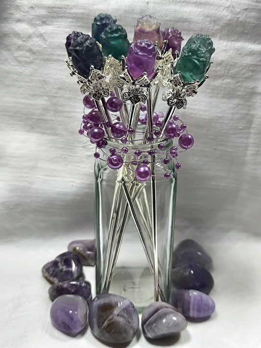 Fluorite rose hair pin