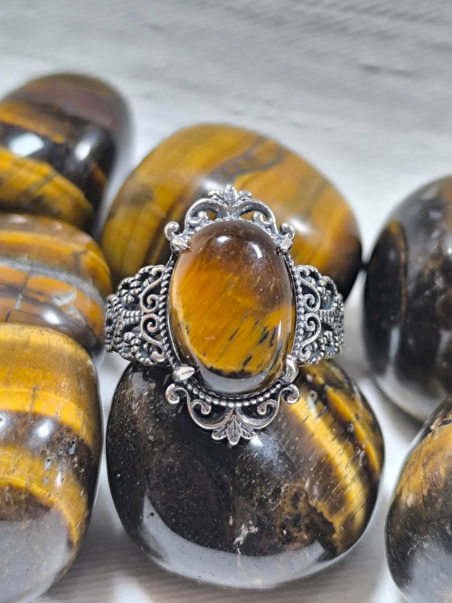 Sterling silver adjustable tigers eye ring