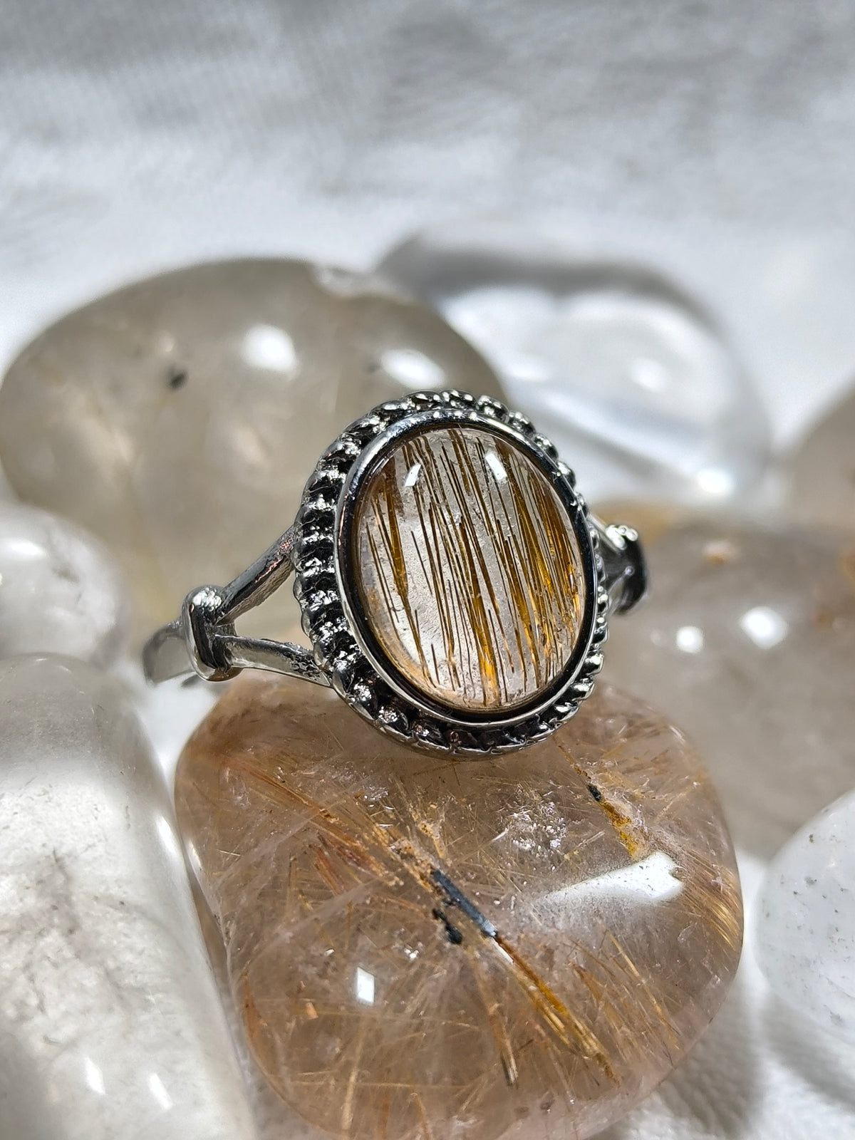 Stainless steel adjustable rutile quartz ring