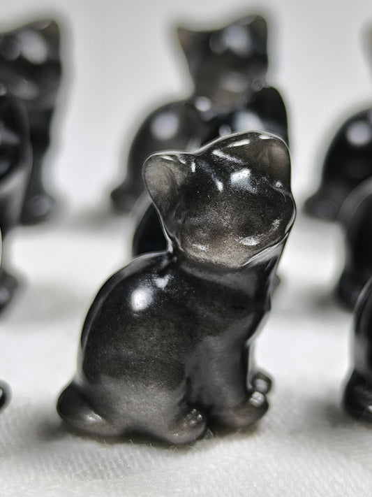 Mini silver sheen obsidian cats