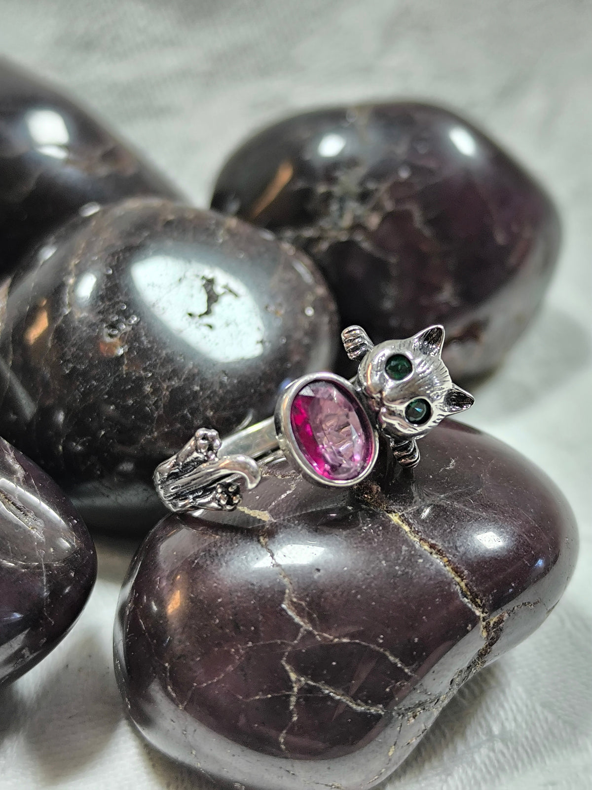 Sterling silver adjustable pink tourmaline cat ring